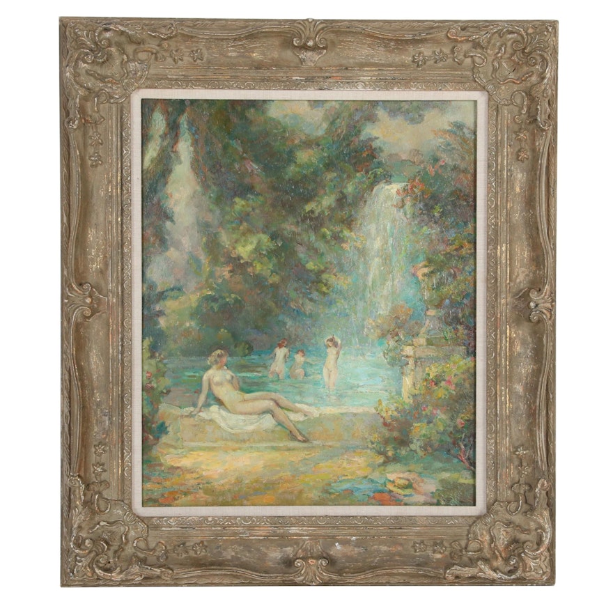 Impressionist Style Oil Painting of Forest Bathers, 20th Century