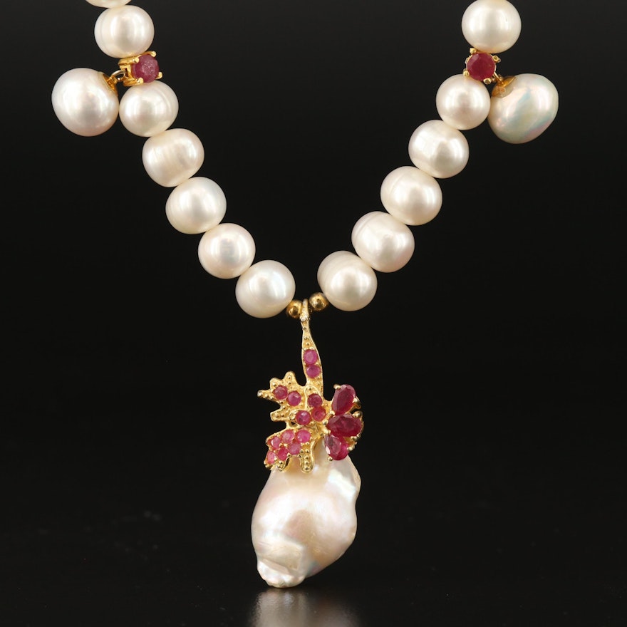 Sterling Pearl, Ruby and Corundum Drop Necklace