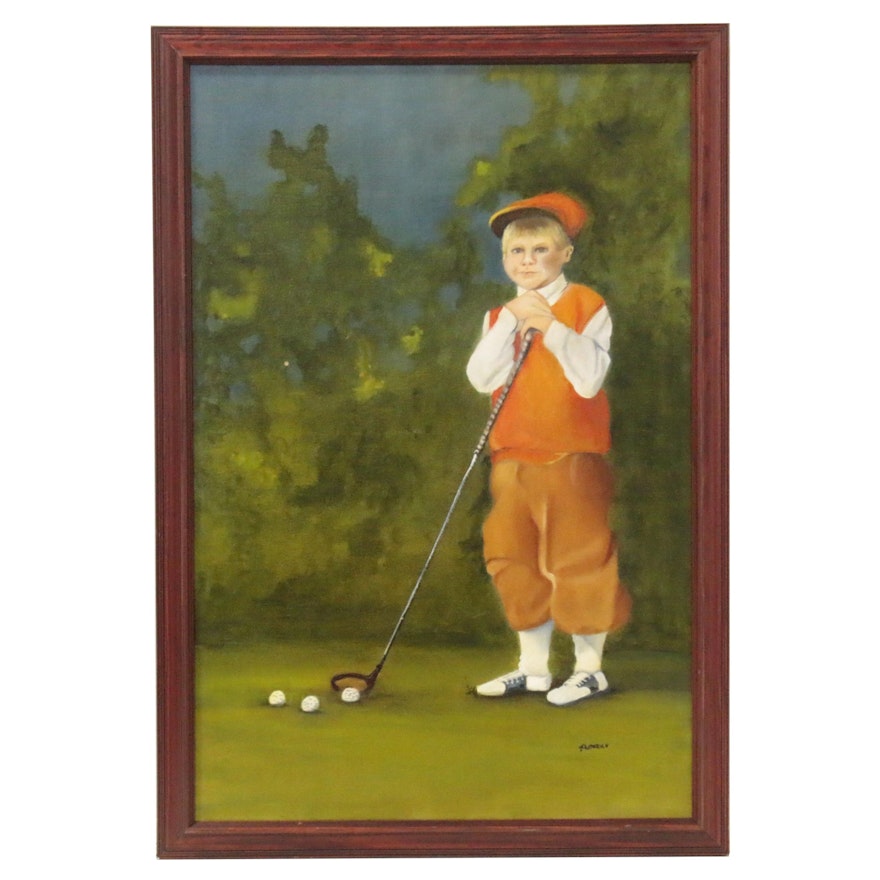 Oil Painting of Golfer Boy, Late 20th Century