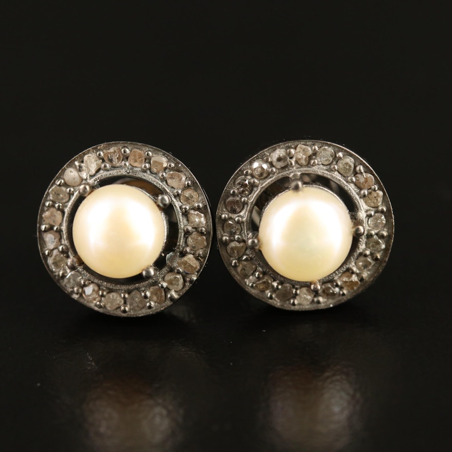 Sterling Silver Pearl and Diamond Earrings