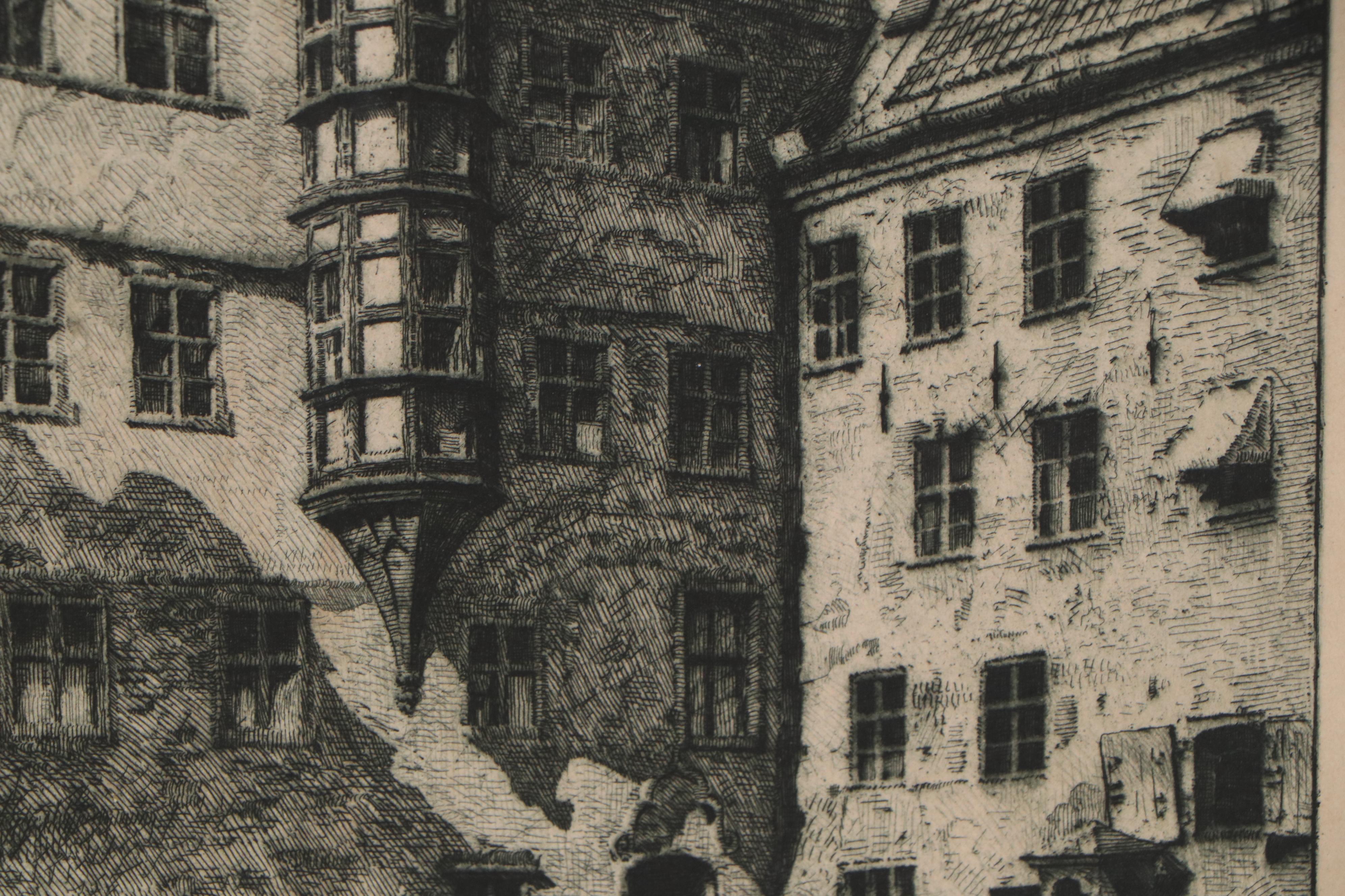 Otto F. Probst Etching "Der Alte Hof in München", Early 20th Century