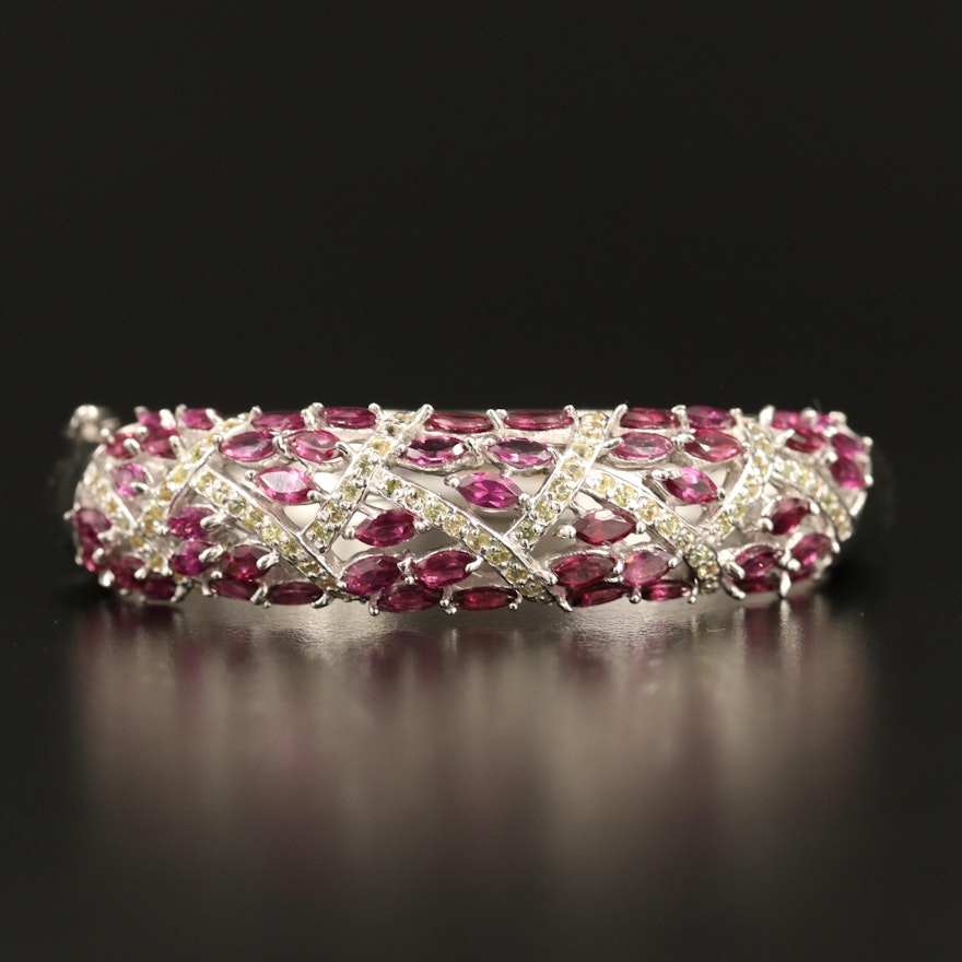 Sterling Rhodolite Garnet and Sapphire Hinged Bangle