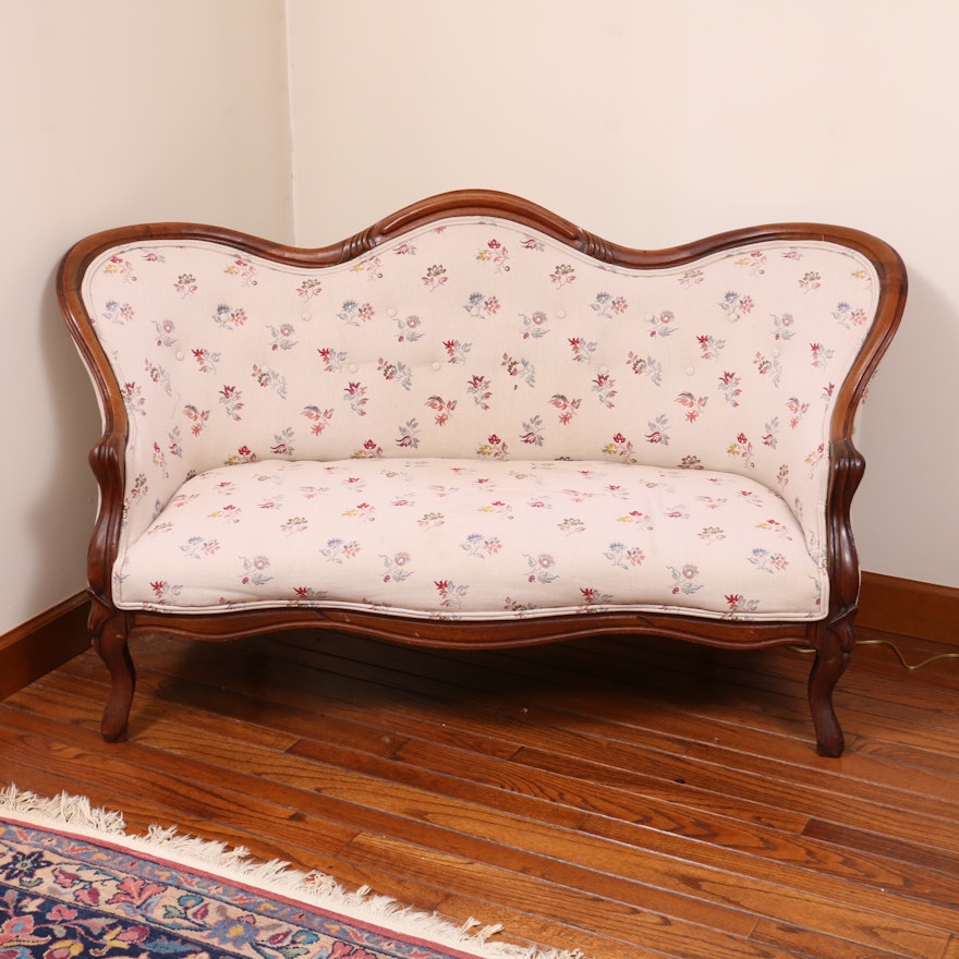 Victorian Walnut Upholstered Settee, Late 19th Century