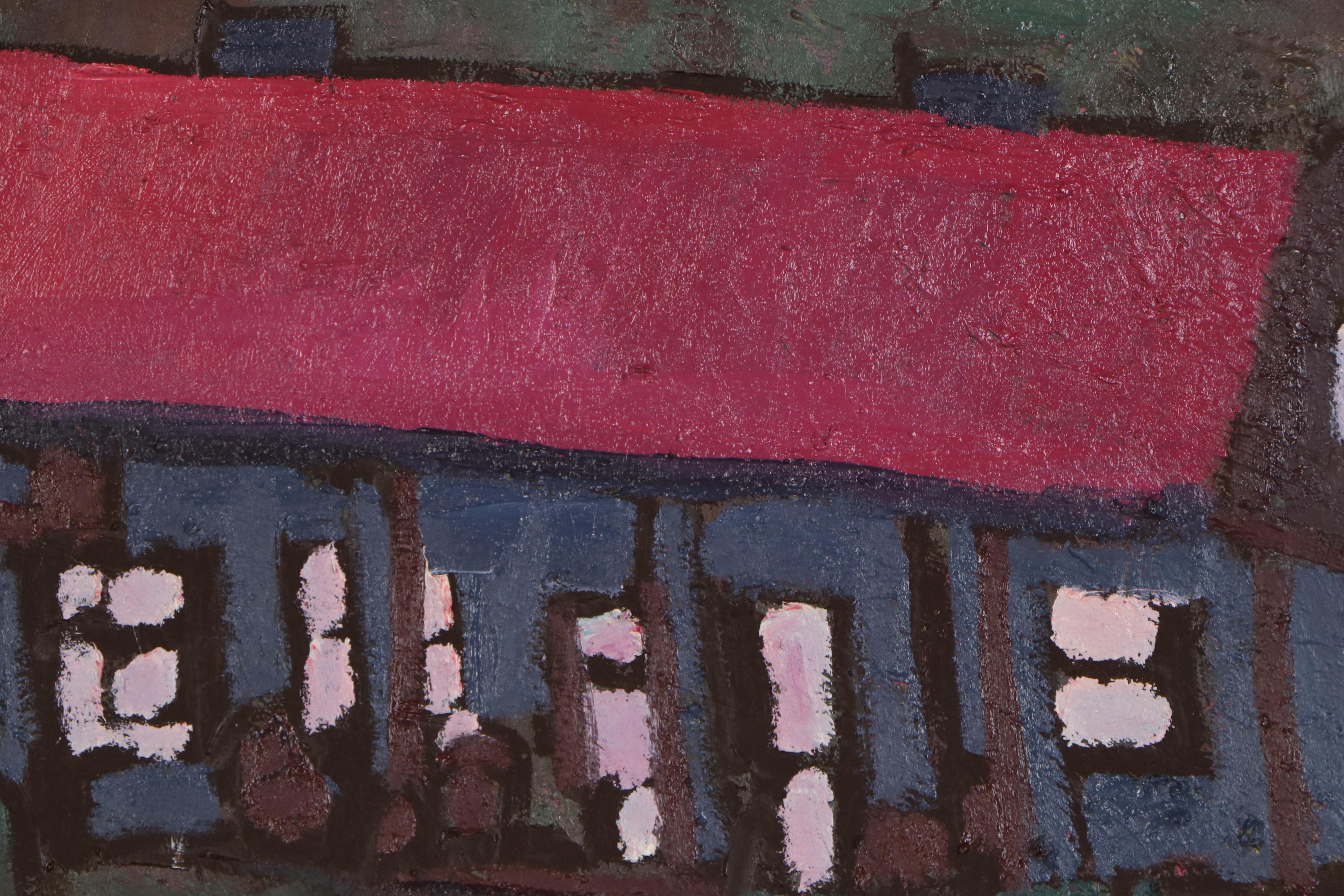 Jerald Mironov Modernist Oil Painting of Cabin in Woods, Late 20th Century