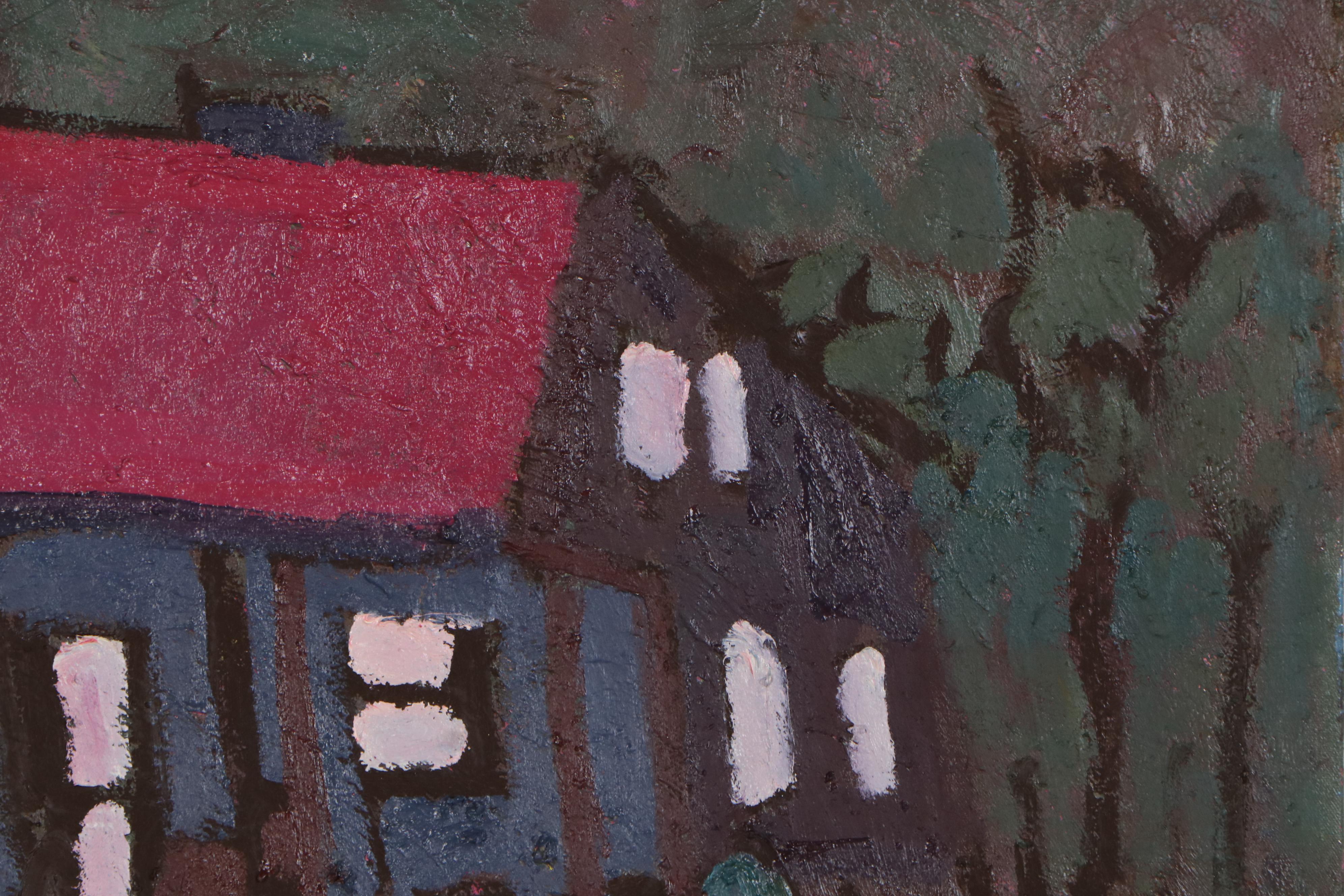 Jerald Mironov Modernist Oil Painting of Cabin in Woods, Late 20th Century