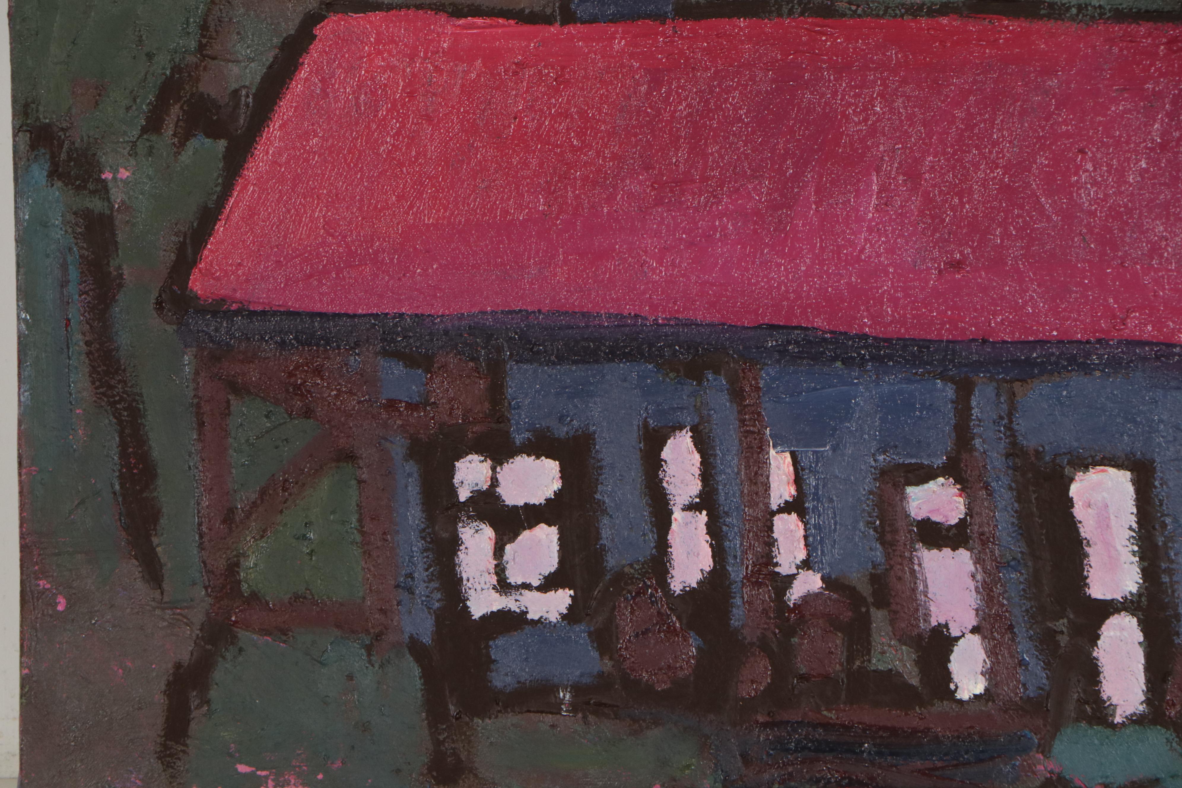 Jerald Mironov Modernist Oil Painting of Cabin in Woods, Late 20th Century