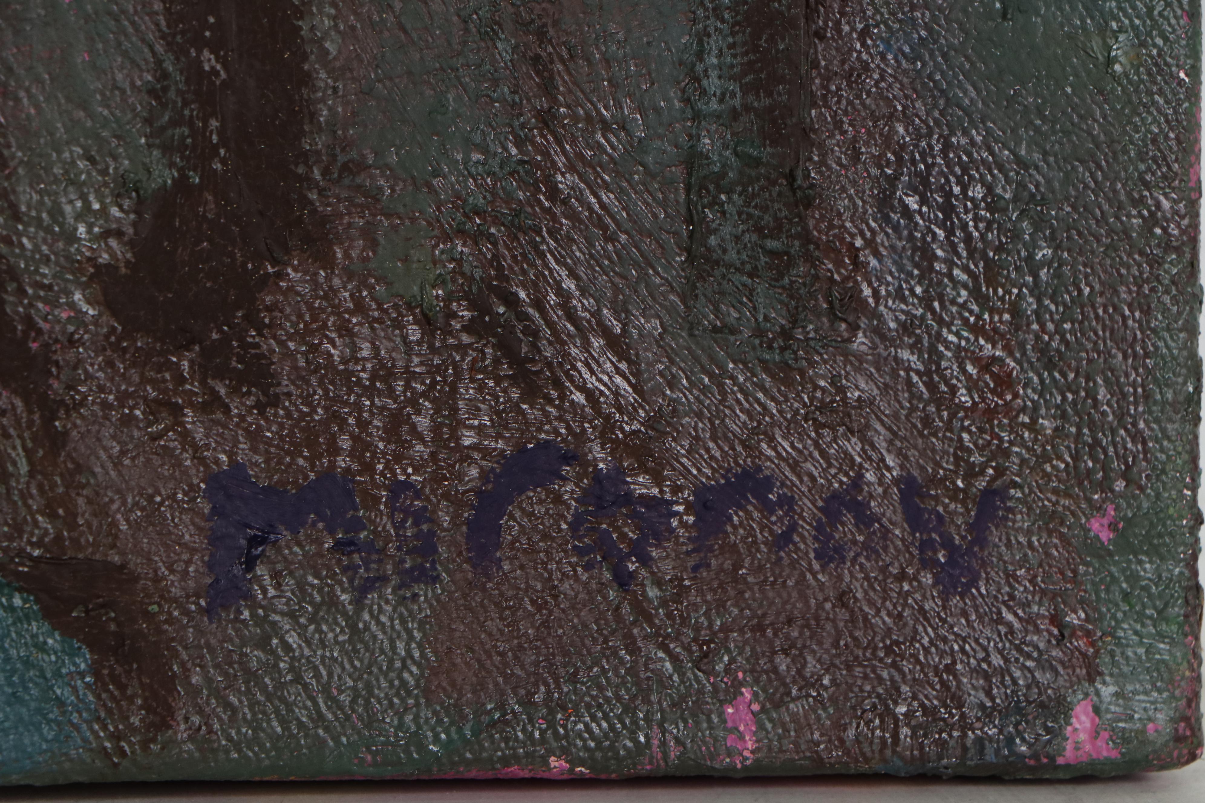 Jerald Mironov Modernist Oil Painting of Cabin in Woods, Late 20th Century