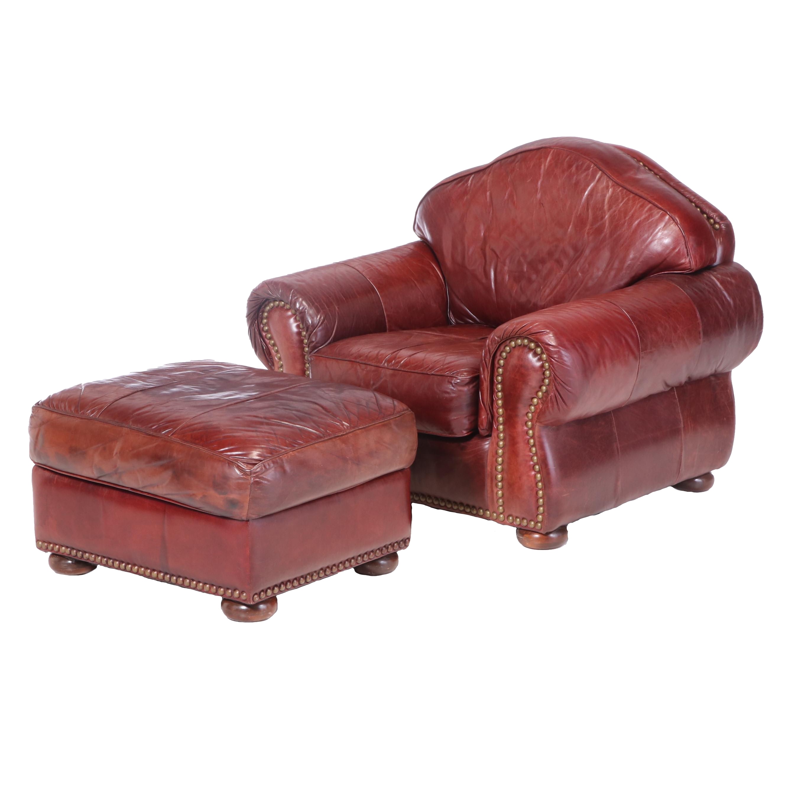 Robinson and Robinson Leather and Brass-Tacked Club Chair with Ottoman