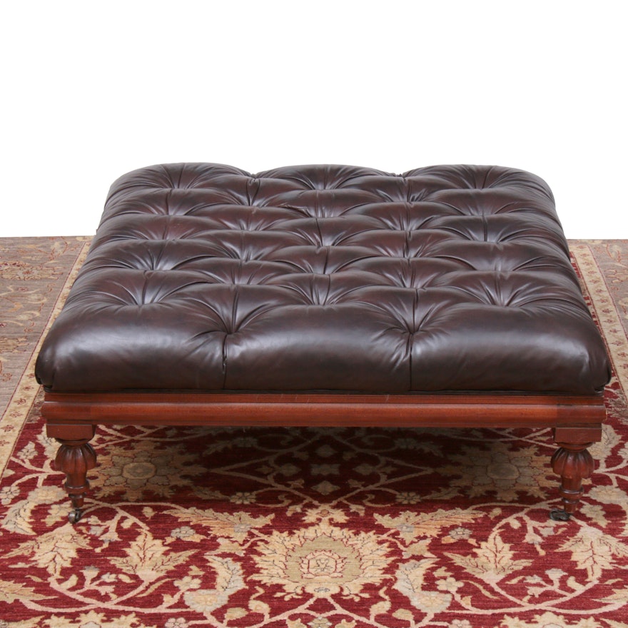 Henredon Regency Style Brown Tufted Leather Cocktail Ottoman