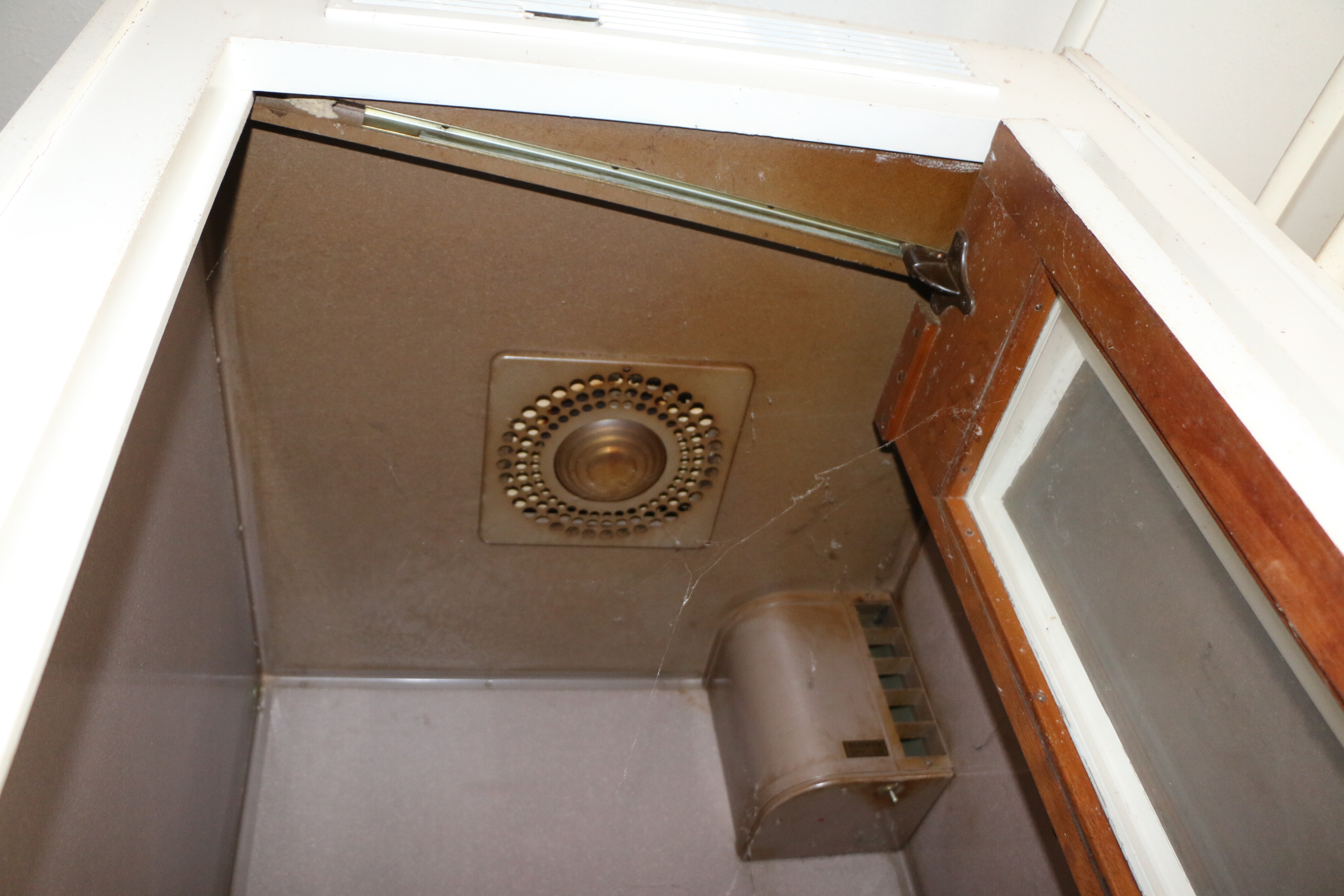 Mid Century Phone Booth with Seat and Coin Fed Rotary Dial Telephone