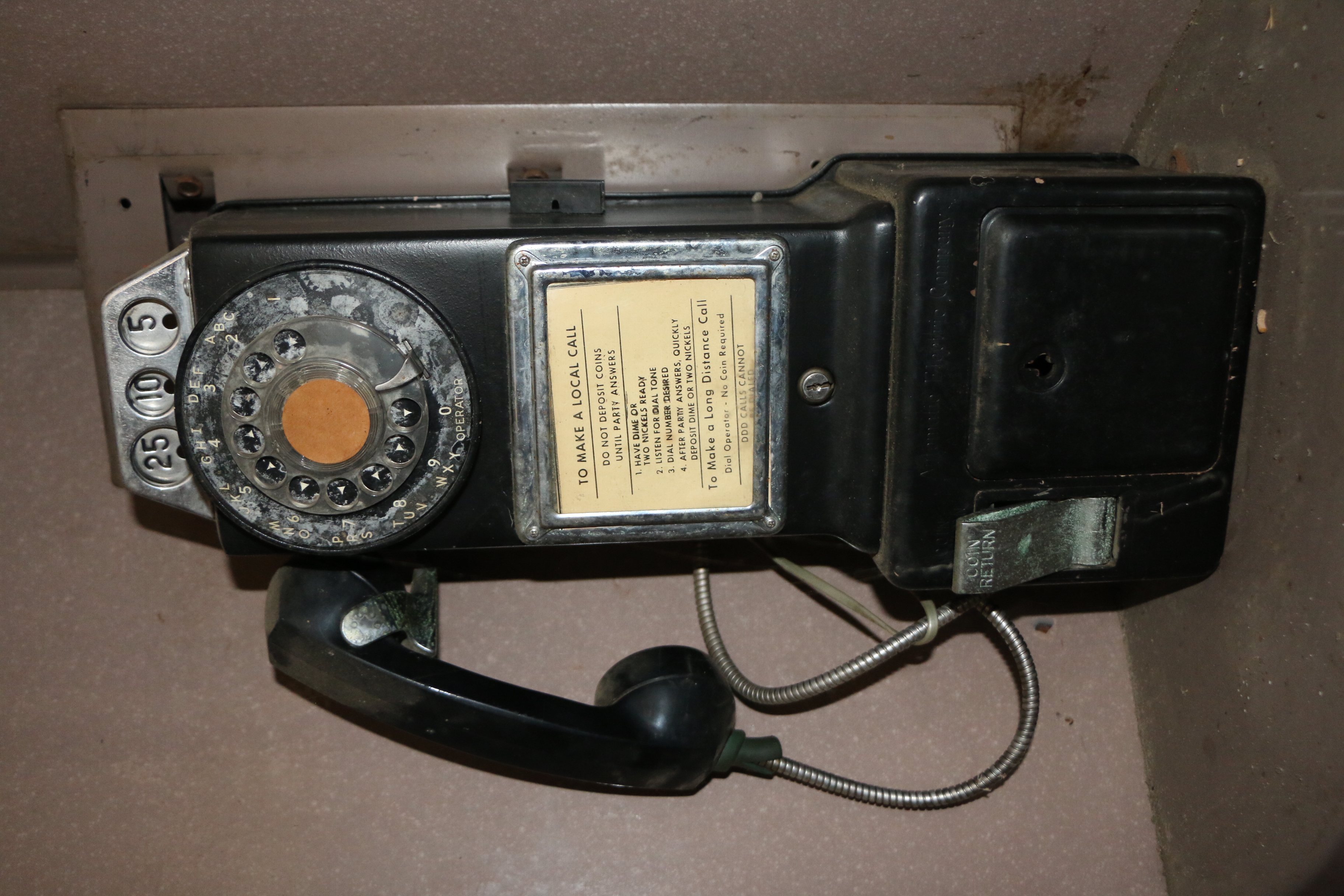 Mid Century Phone Booth with Seat and Coin Fed Rotary Dial Telephone