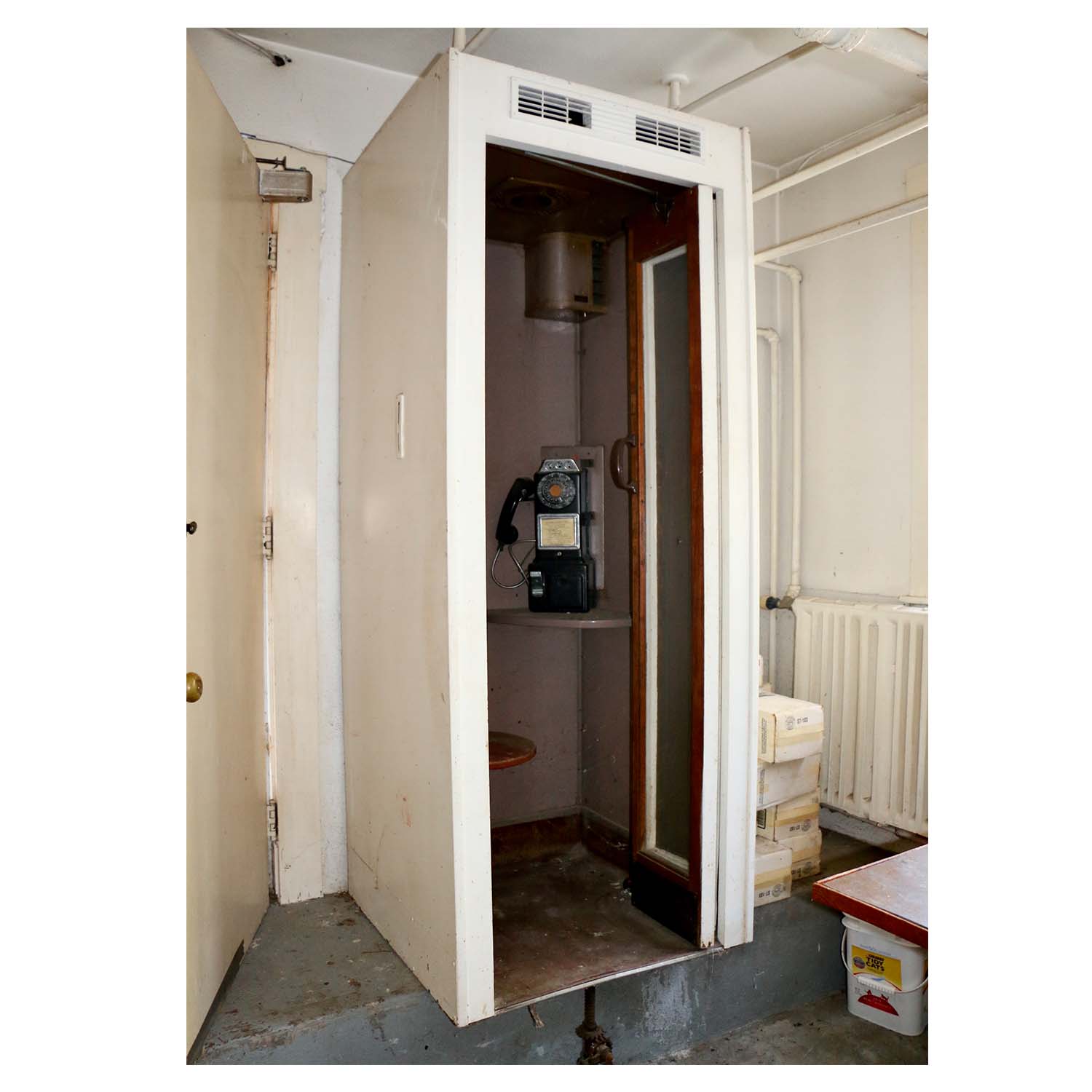 Mid Century Phone Booth with Seat and Coin Fed Rotary Dial Telephone