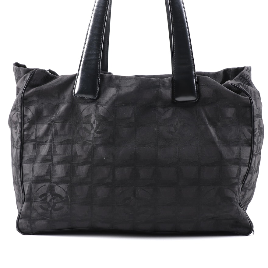 Chanel Black Nylon Jacquard and Leather Travel Line Tote Bag