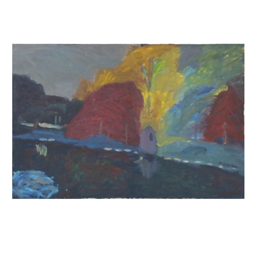 Jerald Mironov Oil Painting of Abstract Nighttime Landscape, 20th Century