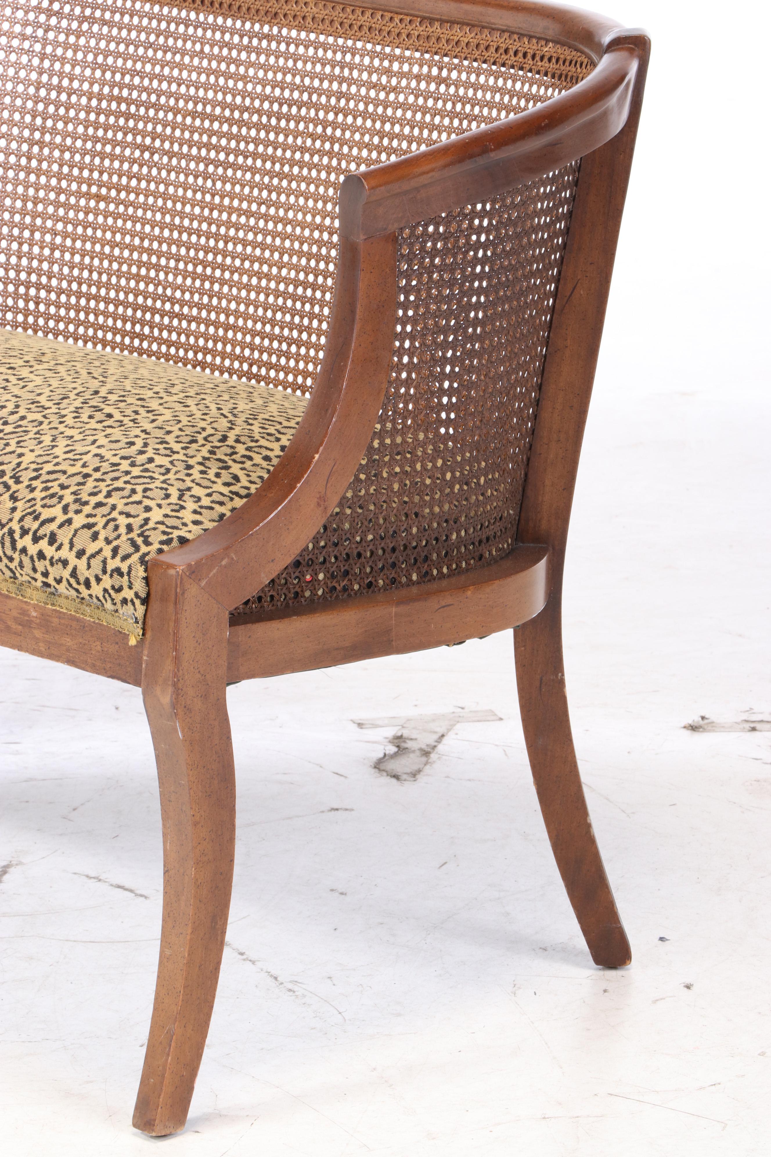 Caned Bow Back Upholstered Settee Bench, Late 20th Century