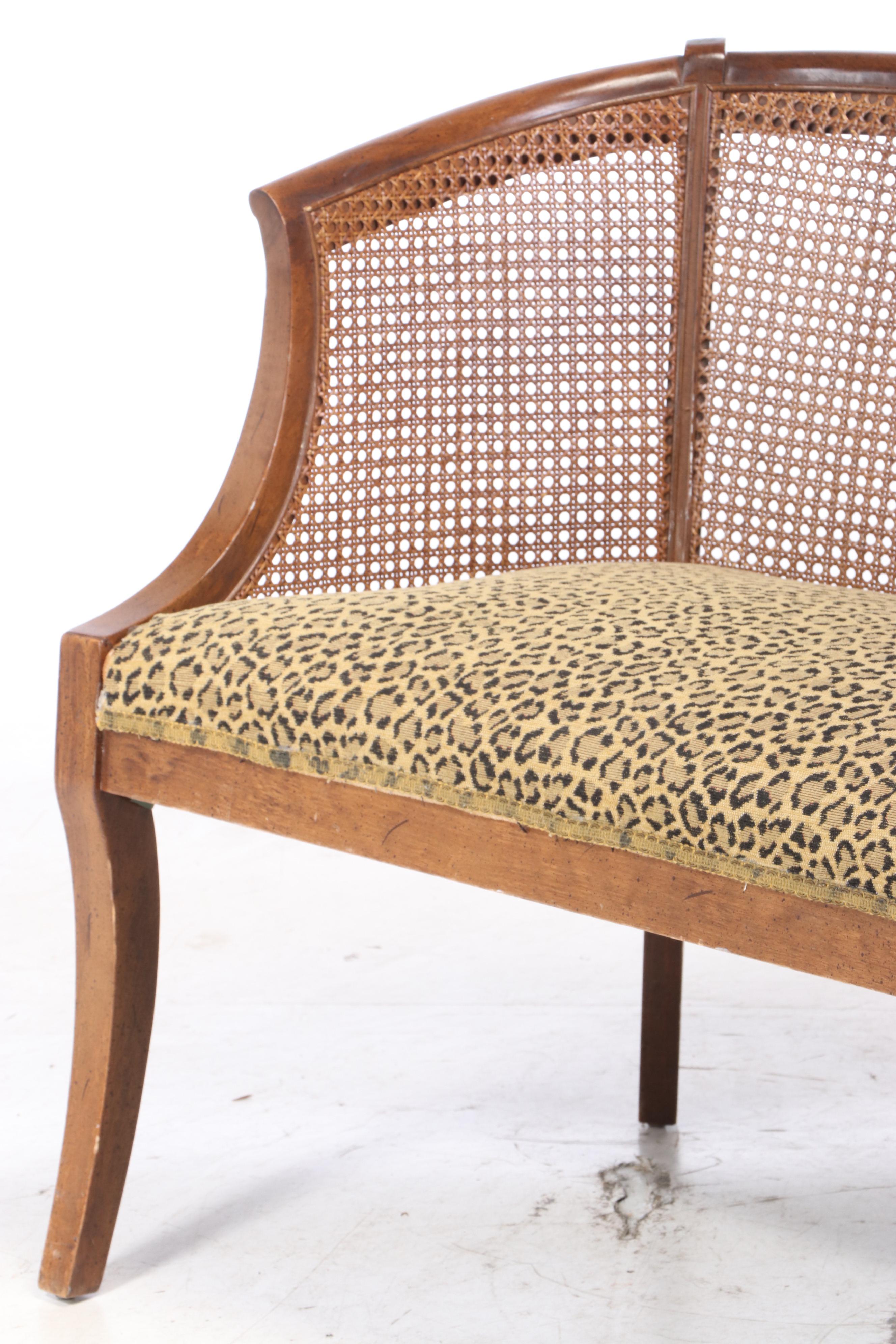 Caned Bow Back Upholstered Settee Bench, Late 20th Century