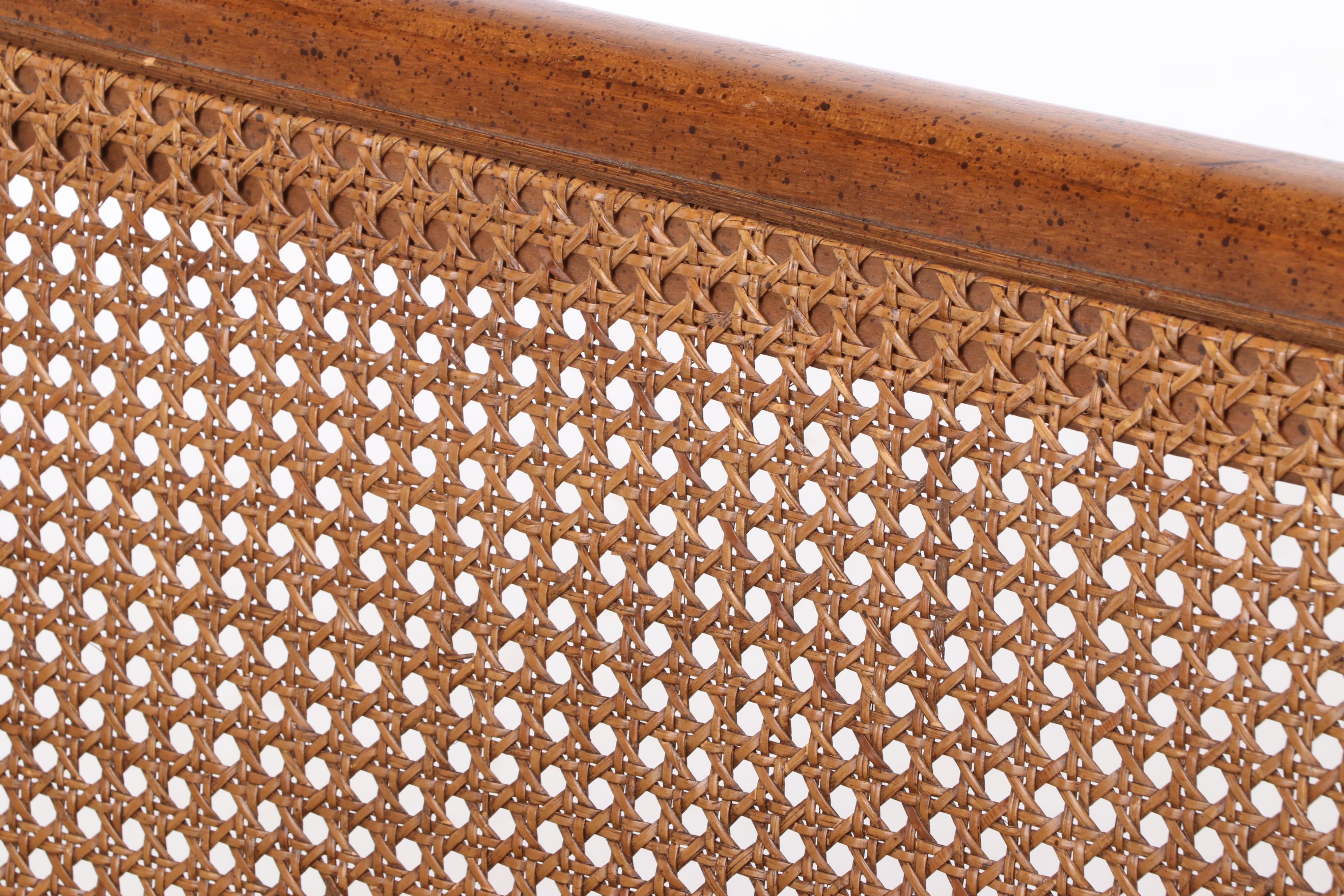 Caned Bow Back Upholstered Settee Bench, Late 20th Century