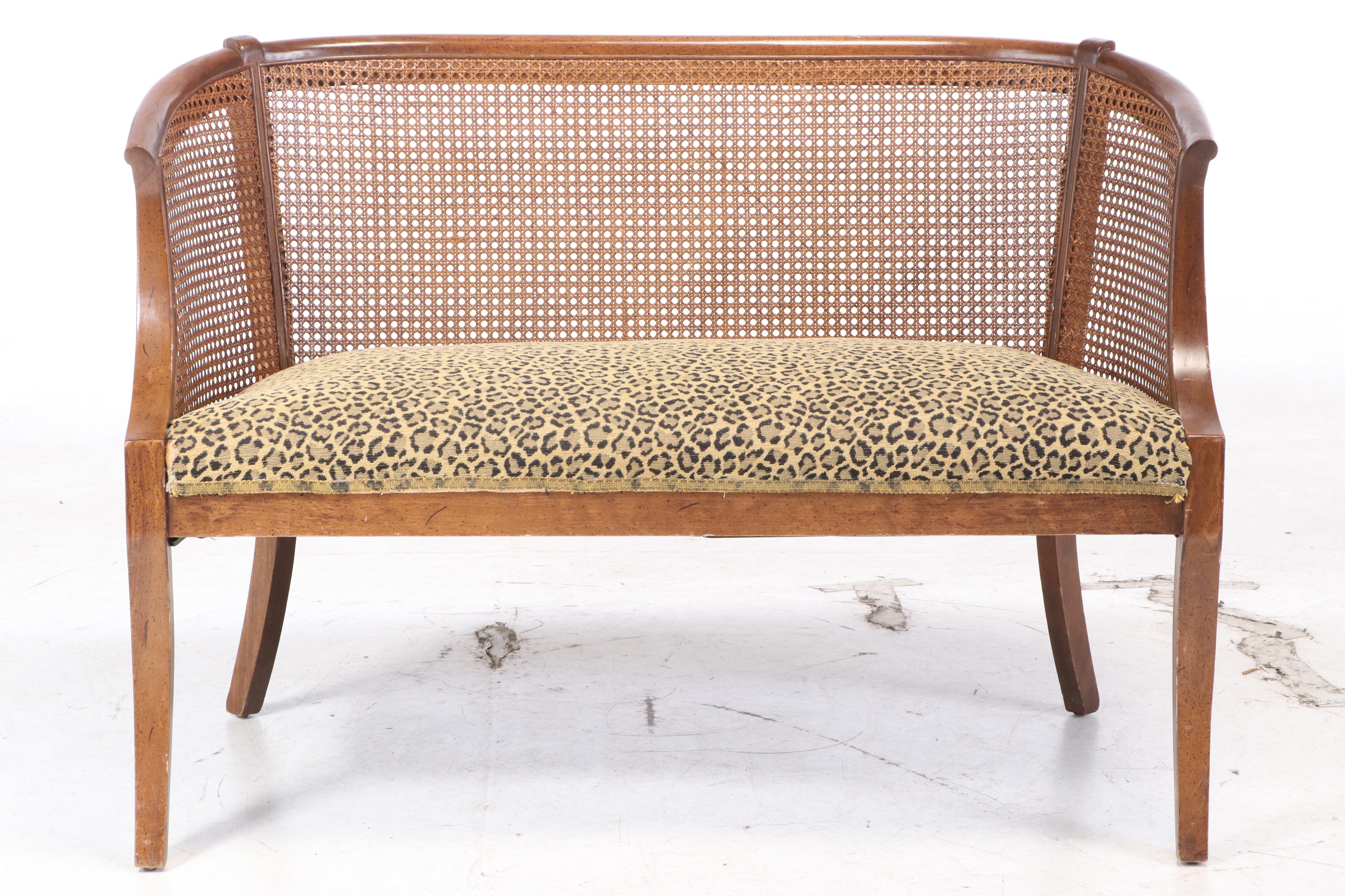Caned Bow Back Upholstered Settee Bench, Late 20th Century