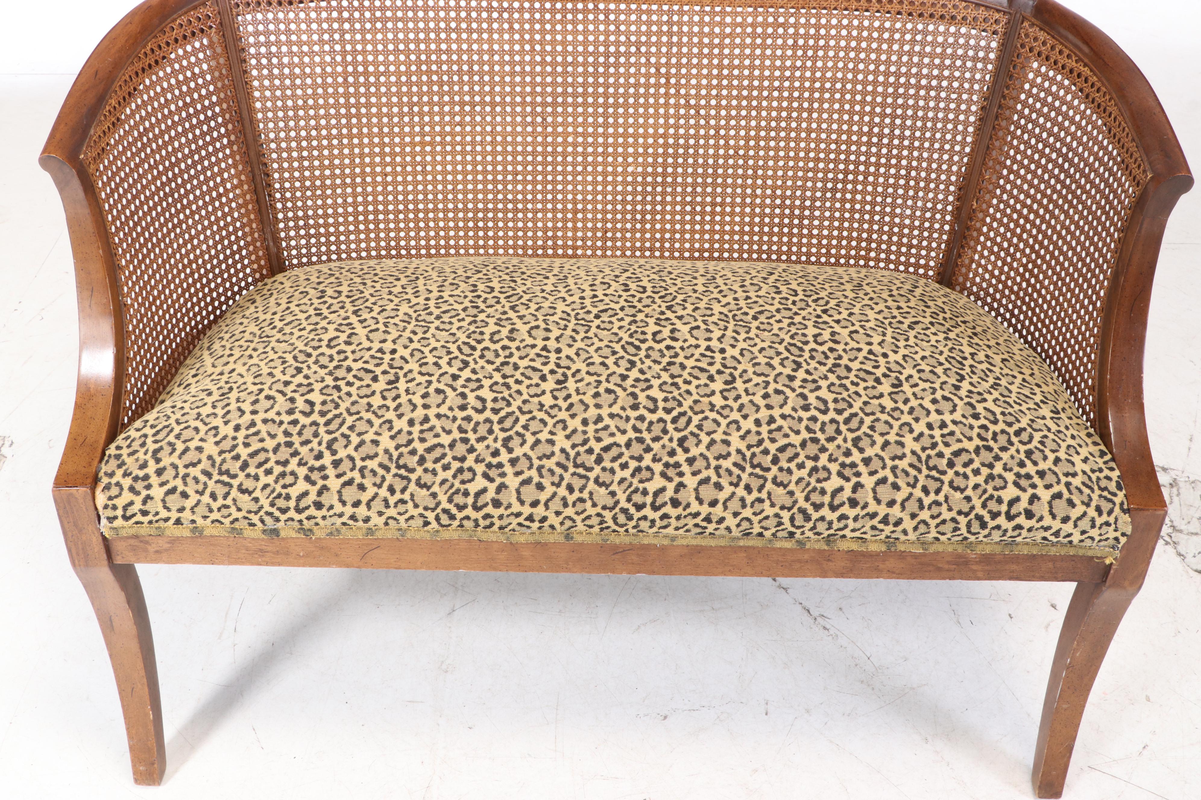 Caned Bow Back Upholstered Settee Bench, Late 20th Century