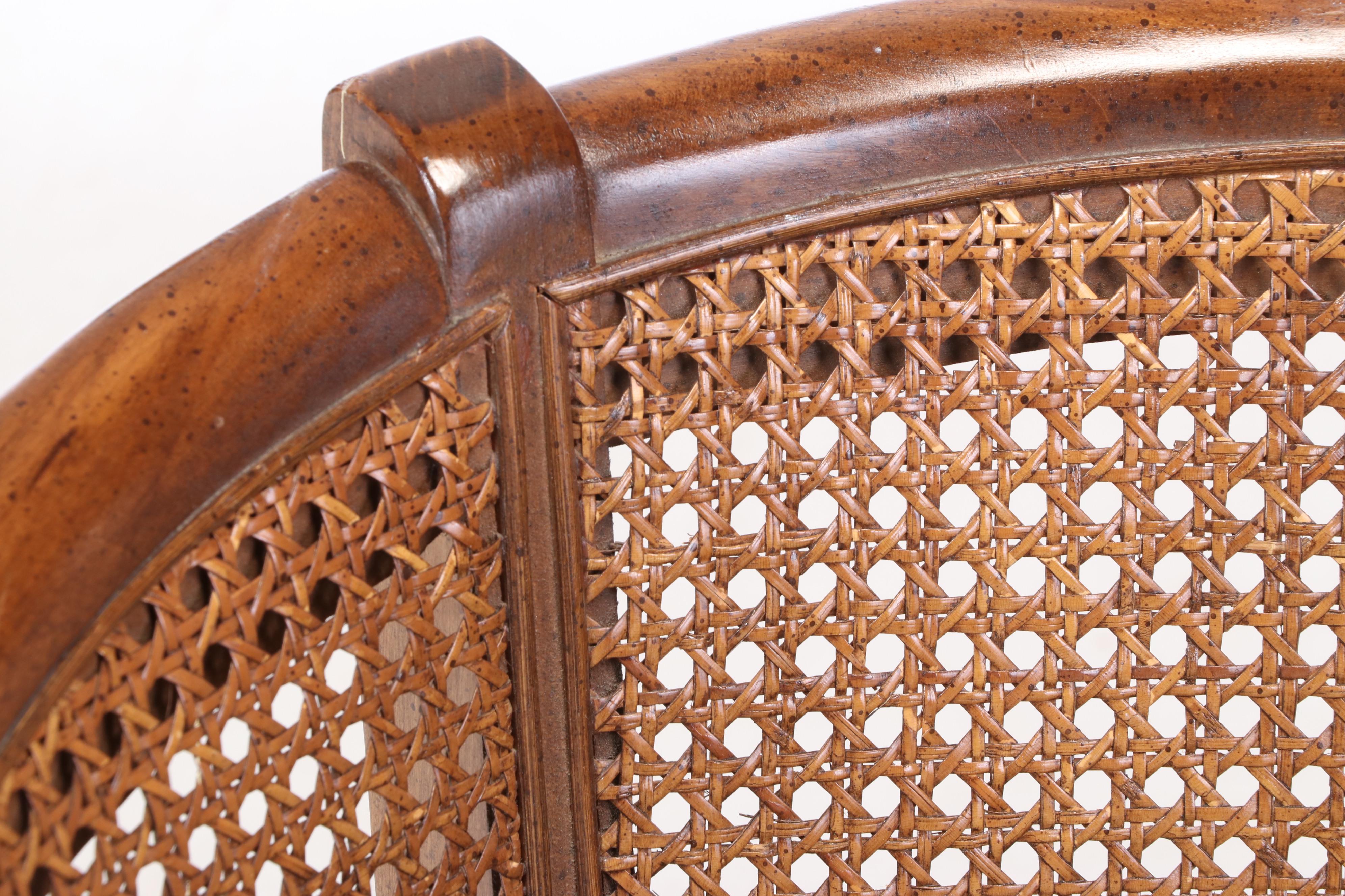 Caned Bow Back Upholstered Settee Bench, Late 20th Century