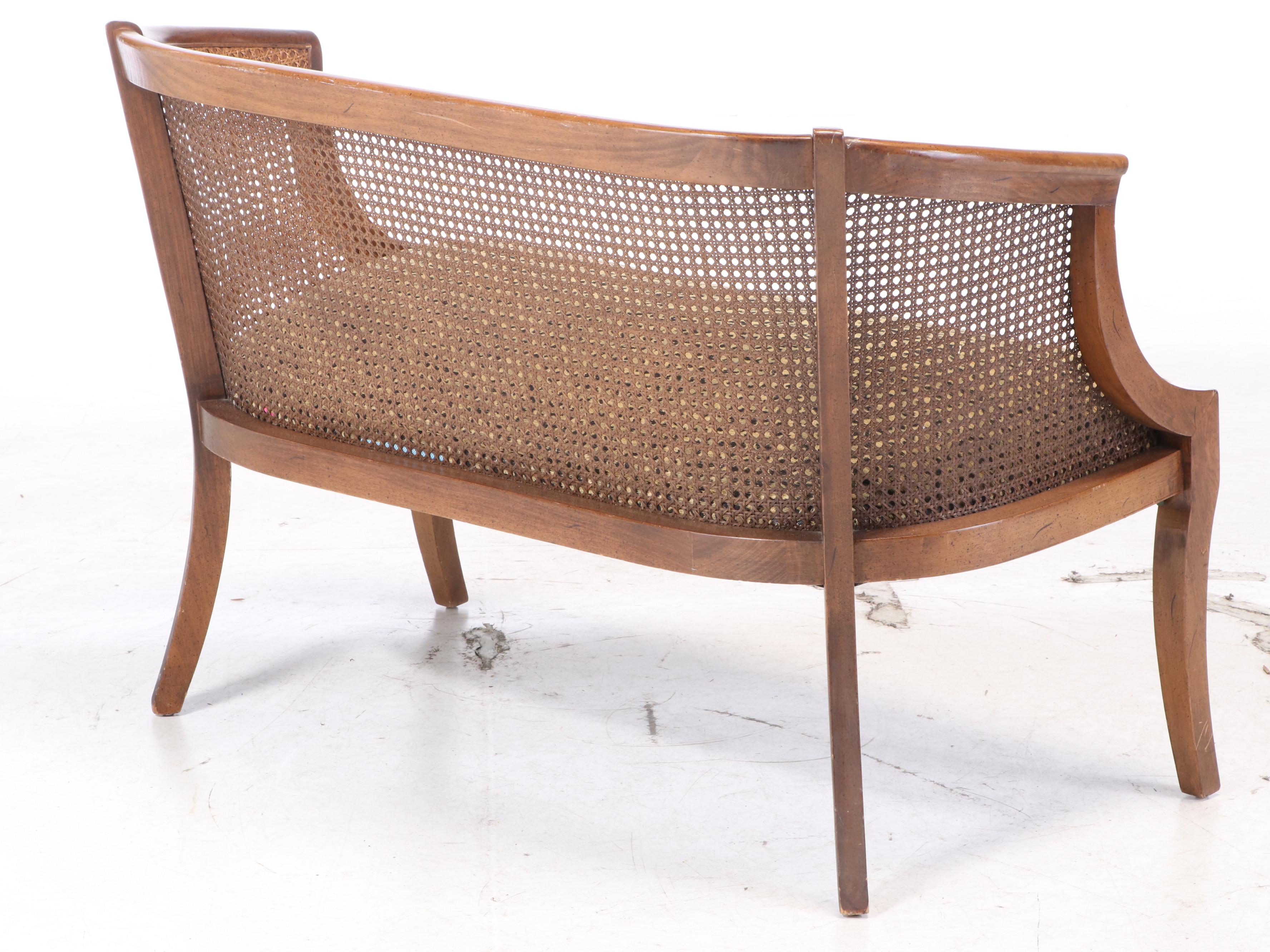 Caned Bow Back Upholstered Settee Bench, Late 20th Century