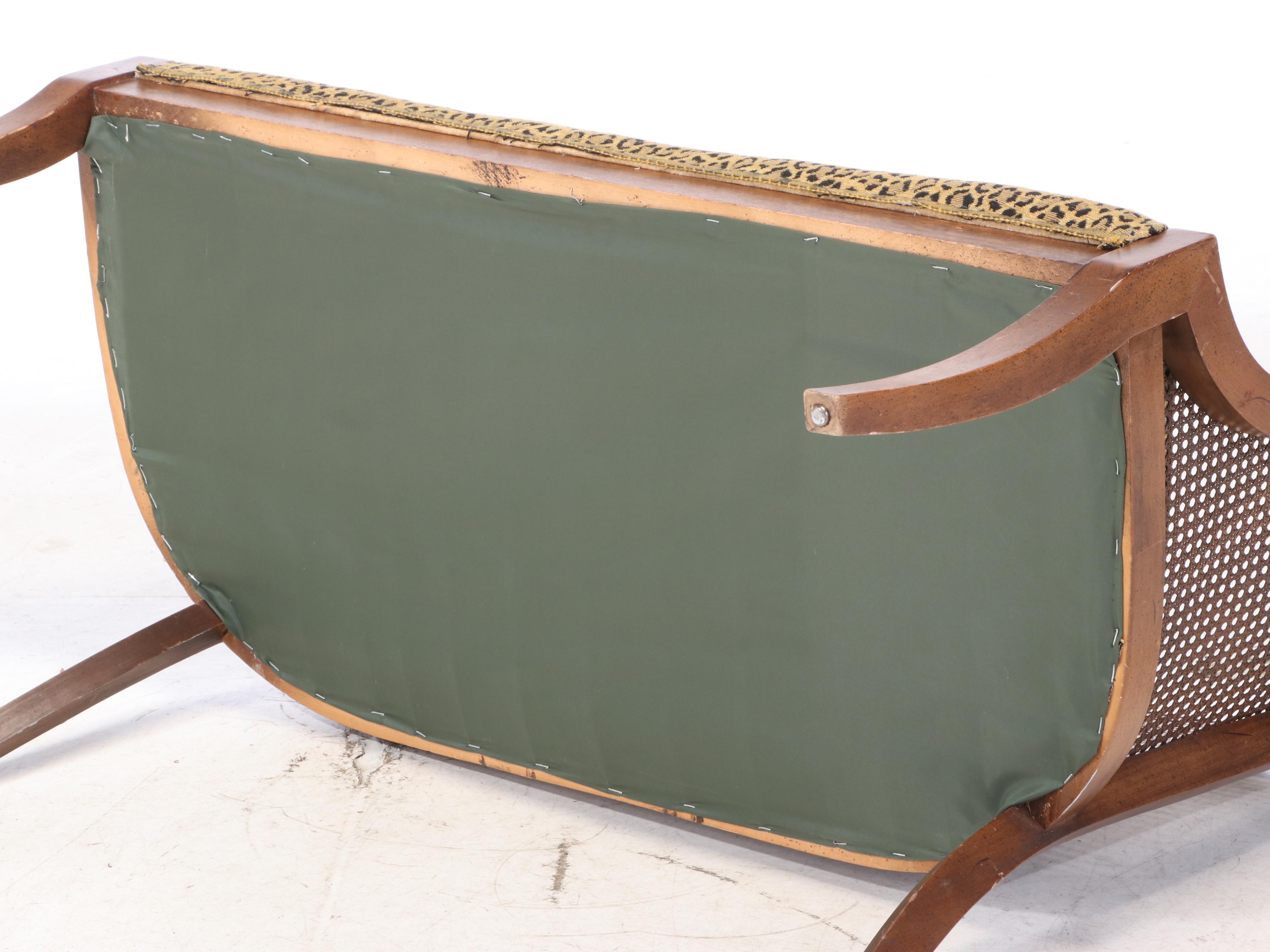 Caned Bow Back Upholstered Settee Bench, Late 20th Century