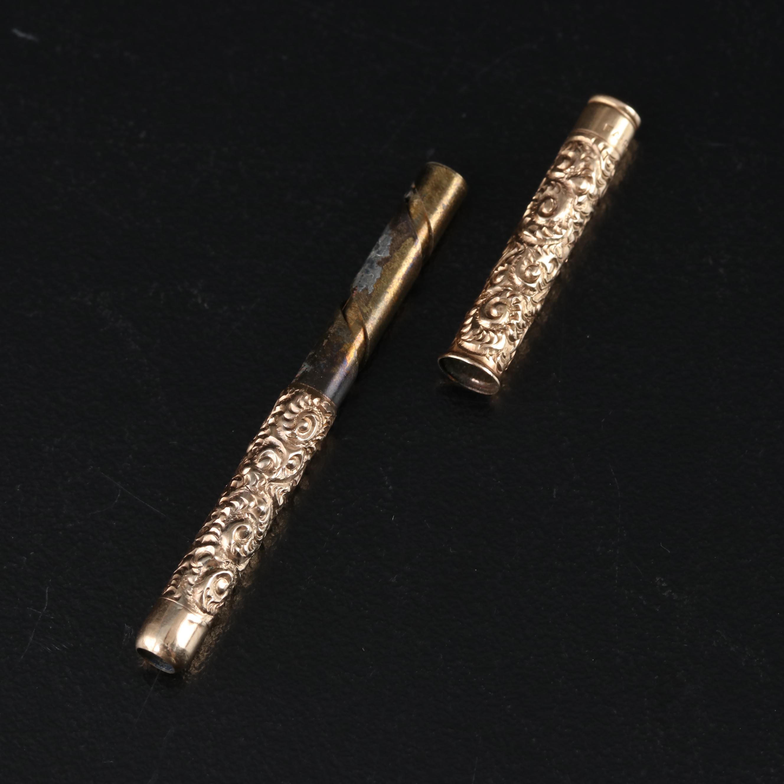 Late Victorian Fairchild Gold Tone Chased Metal Retractable Toothpick