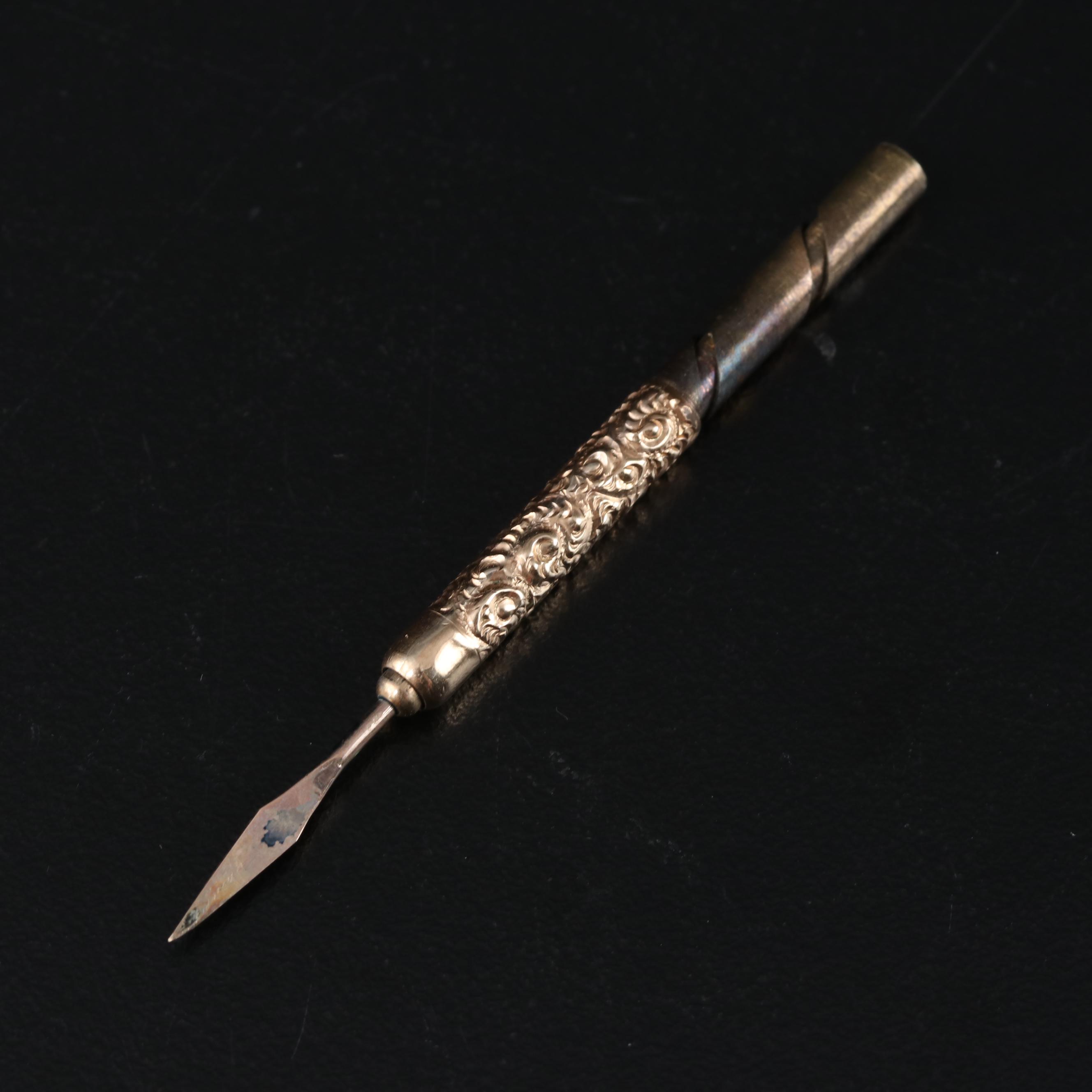 Late Victorian Fairchild Gold Tone Chased Metal Retractable Toothpick