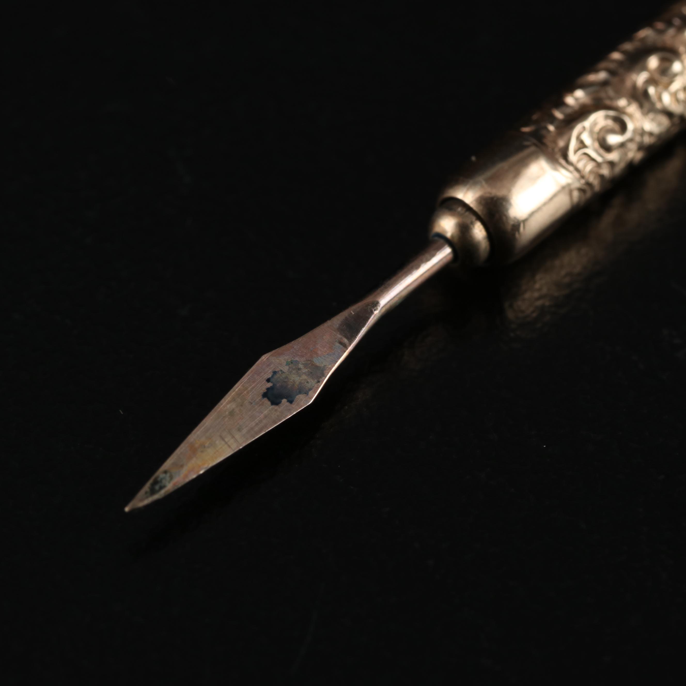 Late Victorian Fairchild Gold Tone Chased Metal Retractable Toothpick