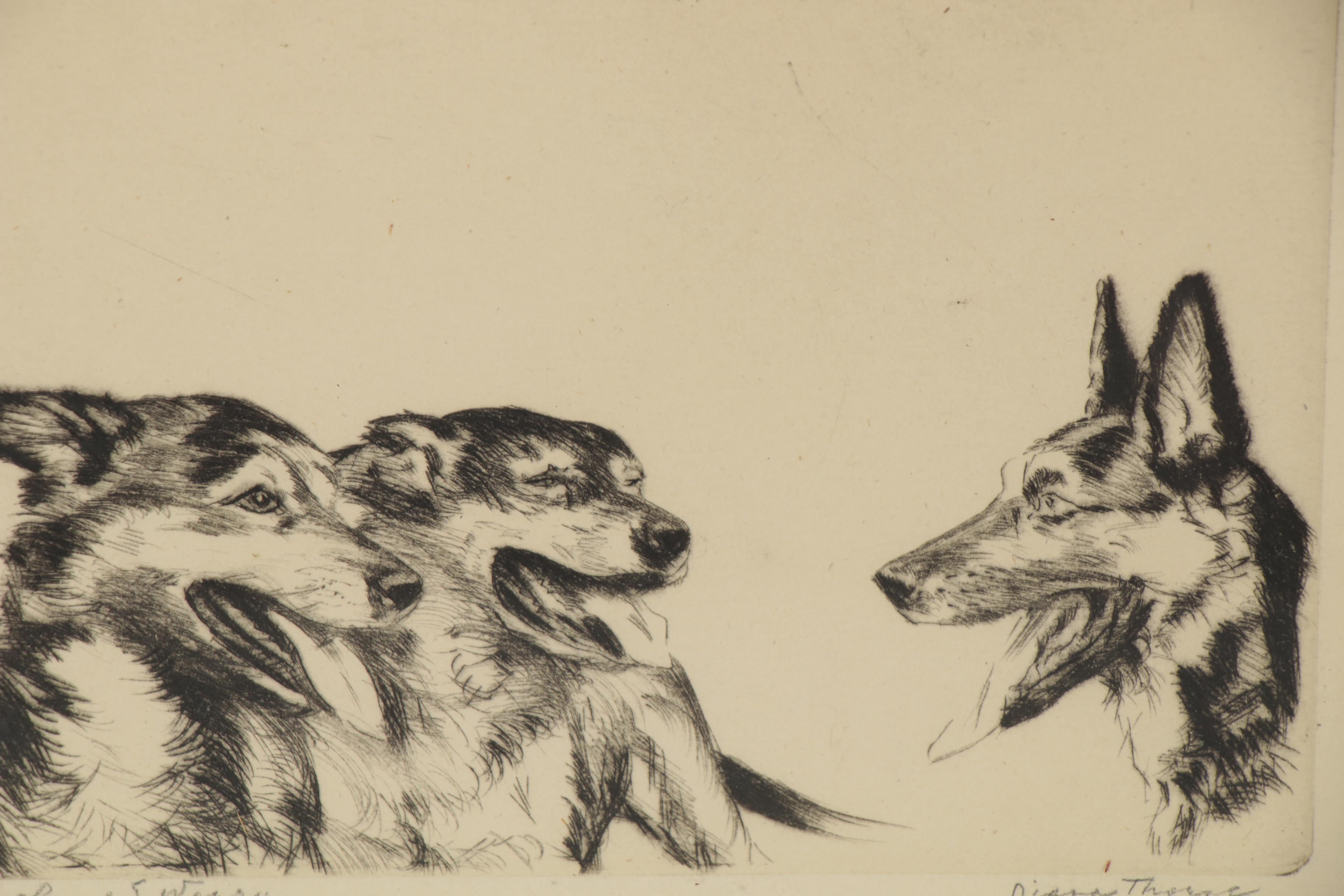 Diana Thorne Drypoint Etching of Dogs "We Should Worry"