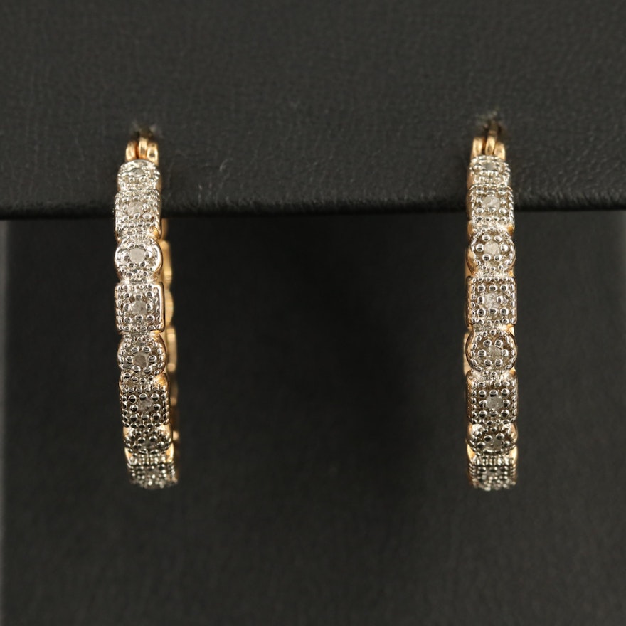 Sterling Silver and Diamond Hoop Earrings with Geometric Shape Motif