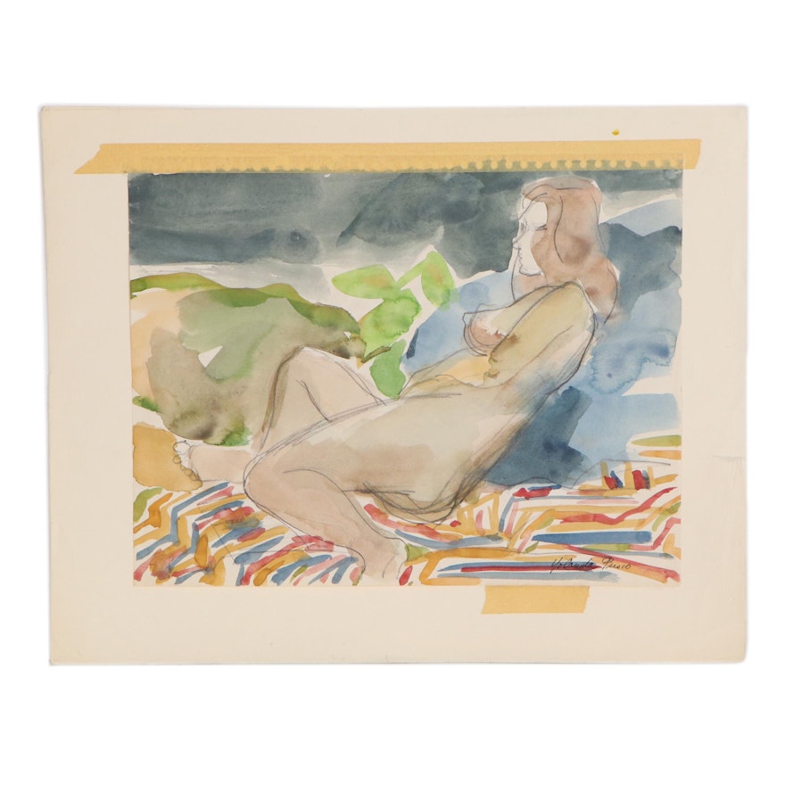 Yolanda Fusco Watercolor Painting of Reclining Figure, Mid to Late 20th Century