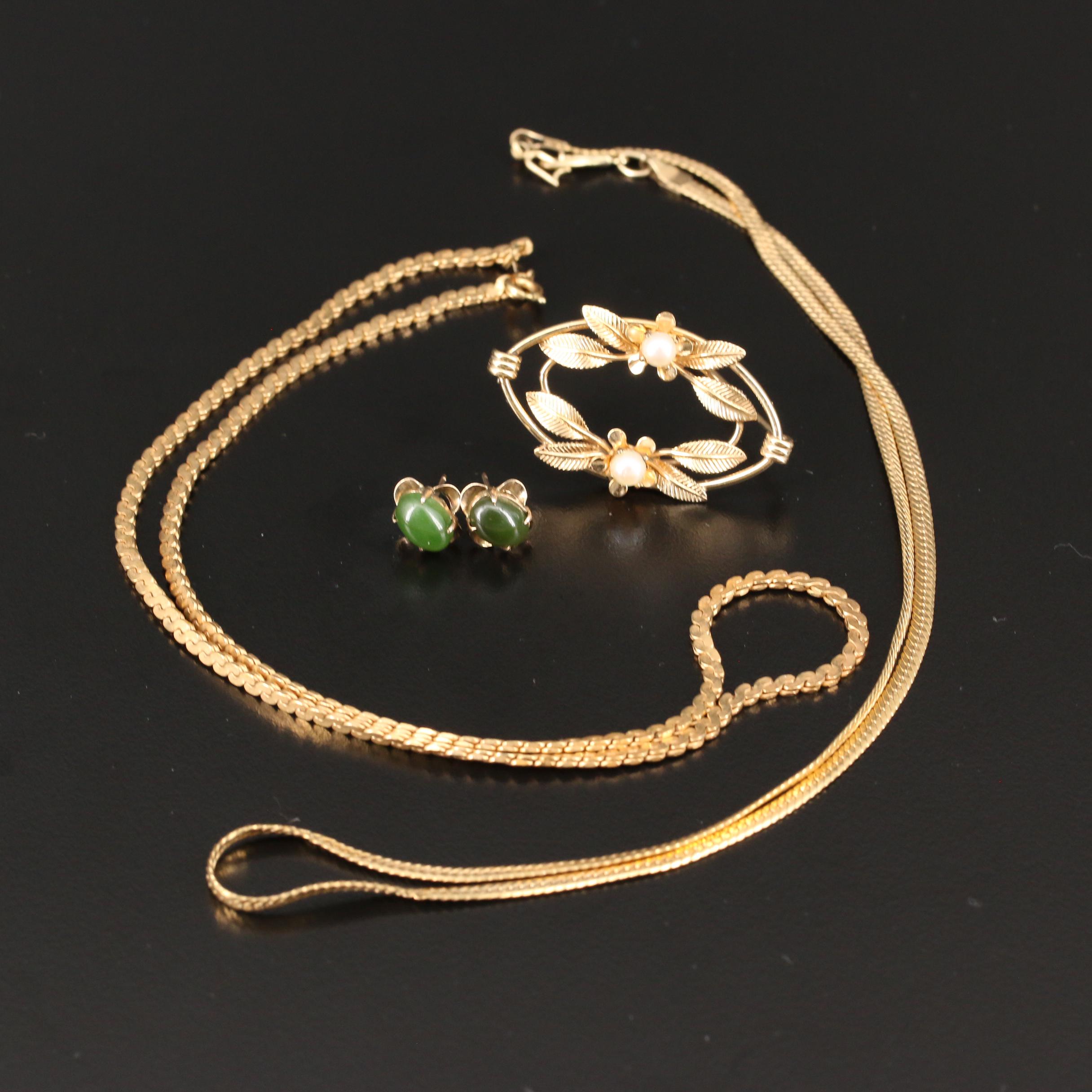 Vintage Selection of Jewelry Including a Van Dell Brooch, Nephrite and Pearl