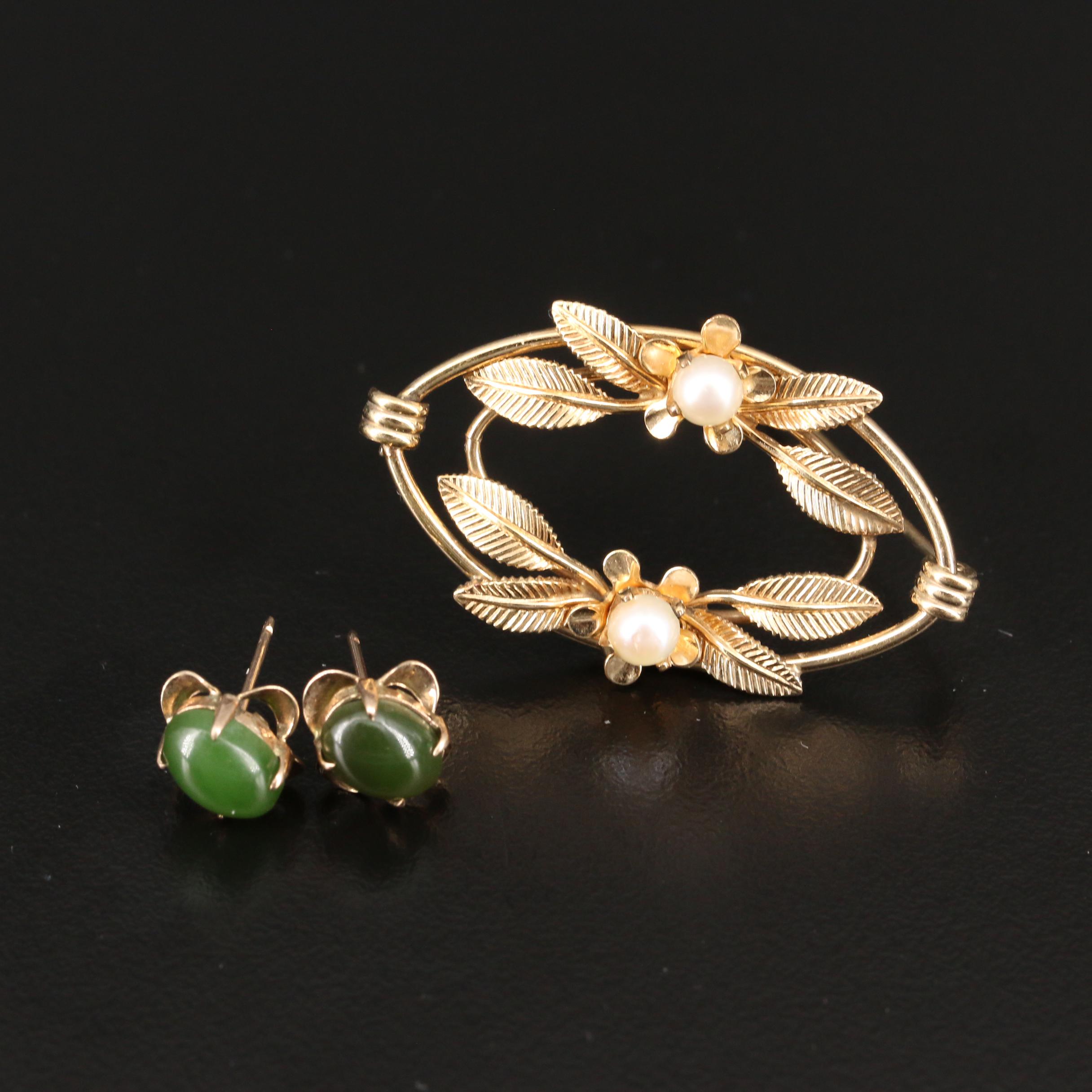 Vintage Selection of Jewelry Including a Van Dell Brooch, Nephrite and Pearl