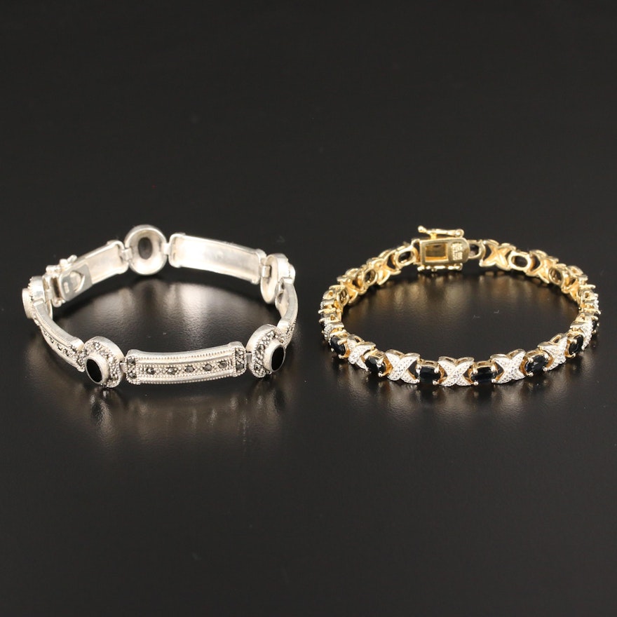 Sterling Crossover and Bar Link Bracelets with Sapphire and Marcasite