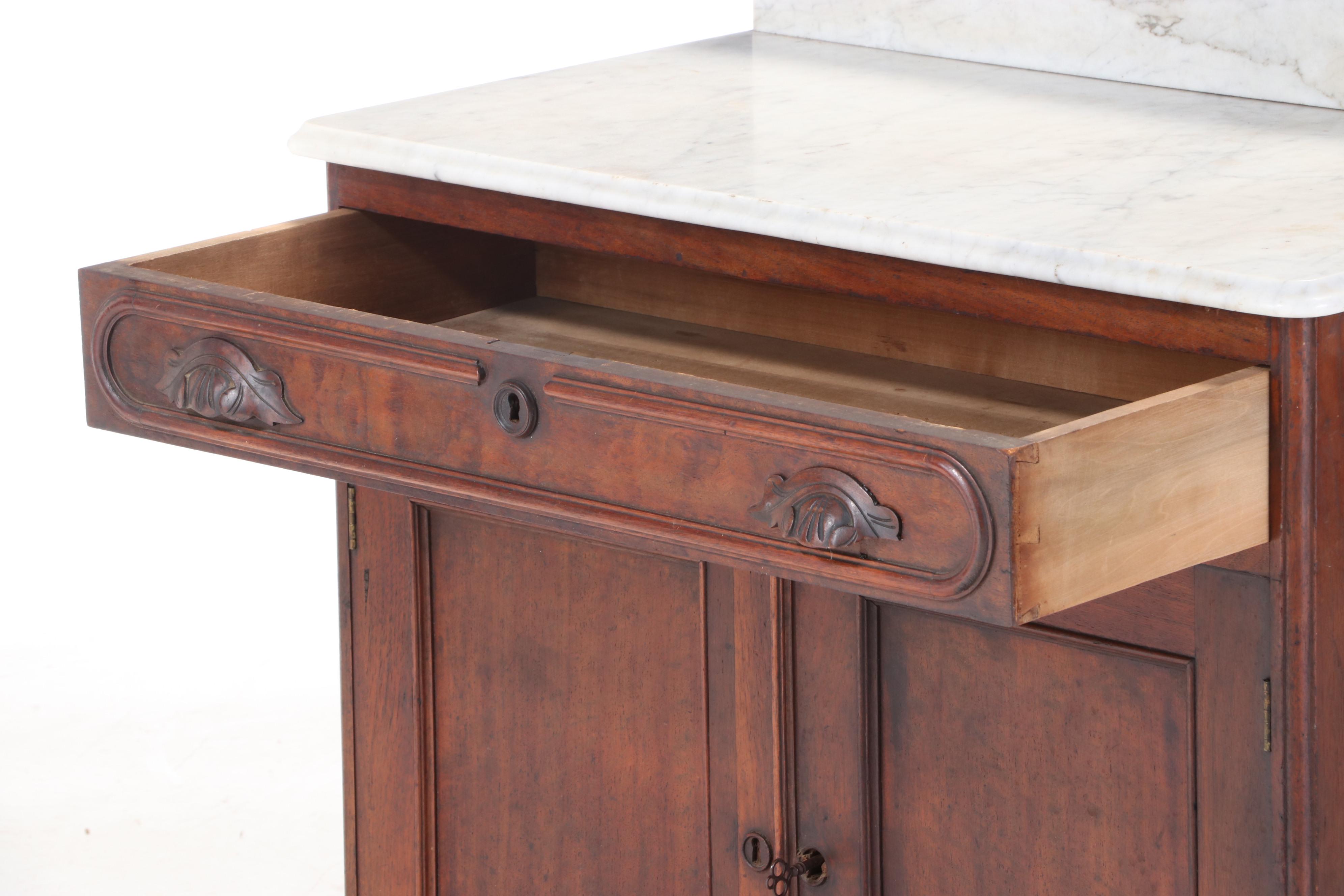 Mitchell & Rammelsberg Victorian Walnut, Figured Walnut and Marble Top Washstand