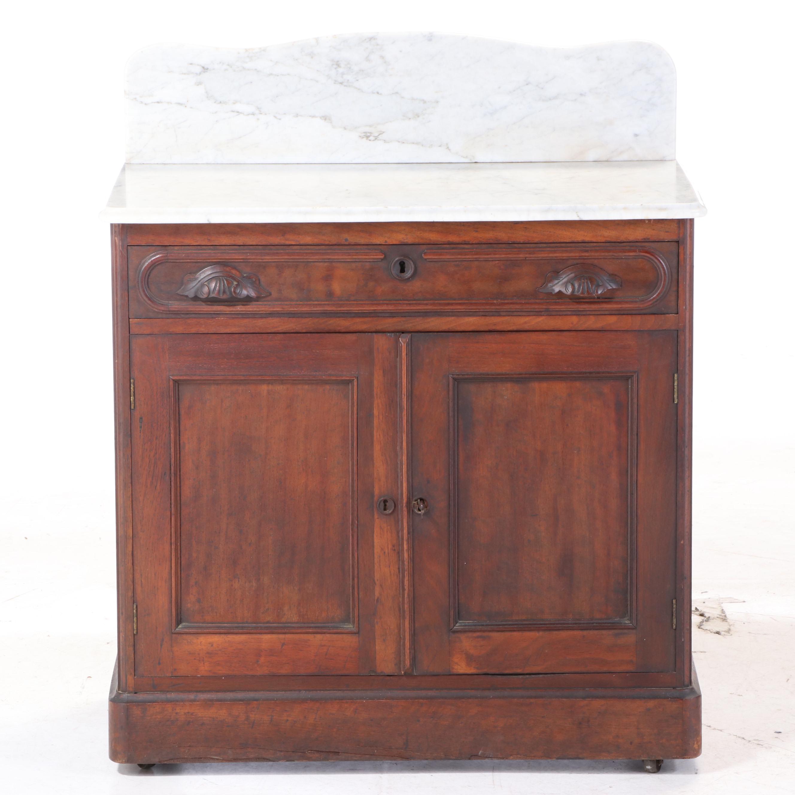 Mitchell & Rammelsberg Victorian Walnut, Figured Walnut and Marble Top Washstand