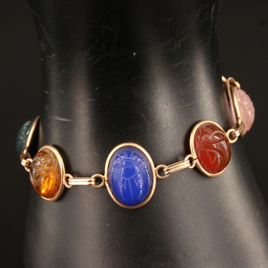 Vintage 14K Gemstone Scarab Bracelet with Tiger's Eye and Rose Quartz