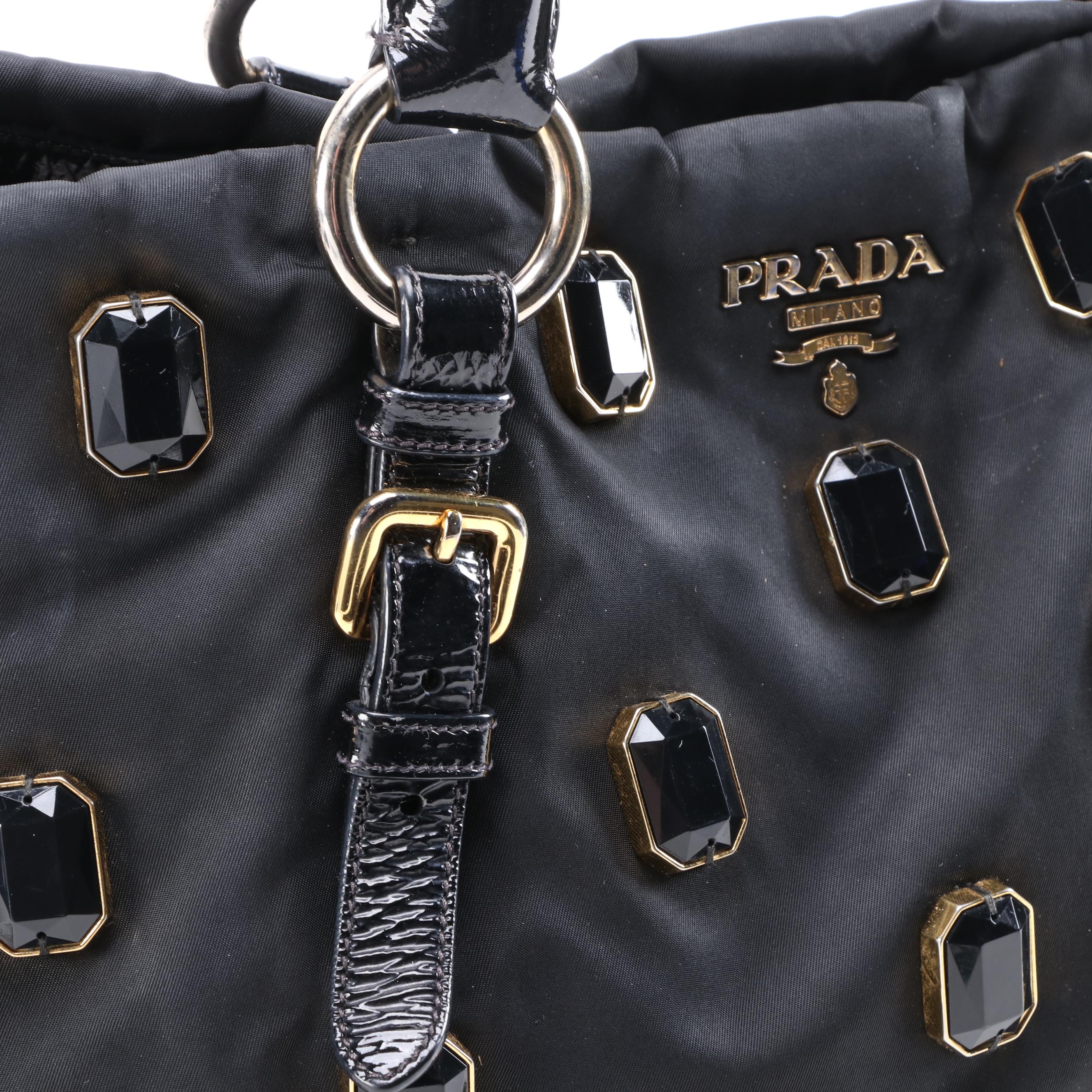 Prada Pietre Tote Bag in Embellished Black Tessuto Nylon and Patent Leather Trim