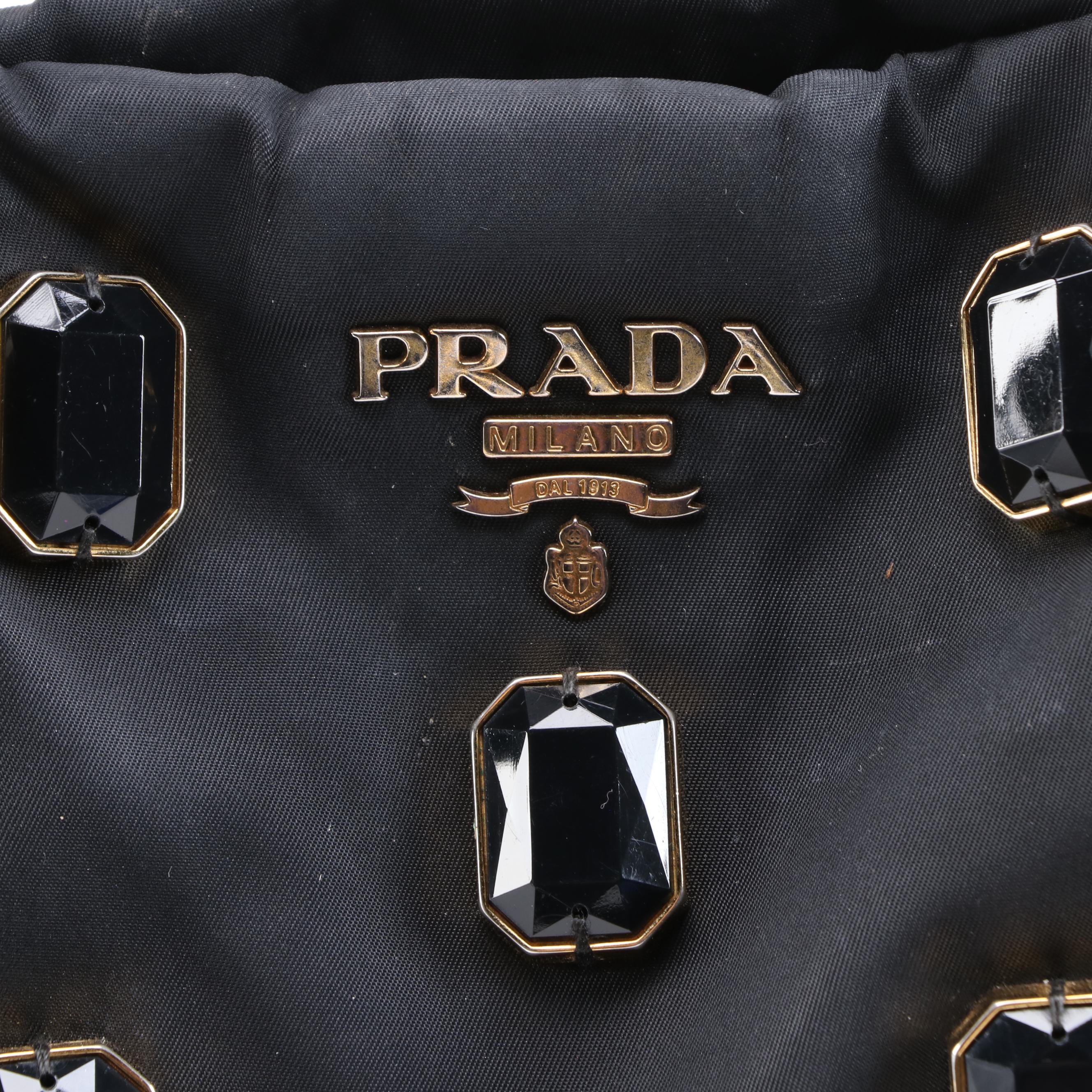 Prada Pietre Tote Bag in Embellished Black Tessuto Nylon and Patent Leather Trim