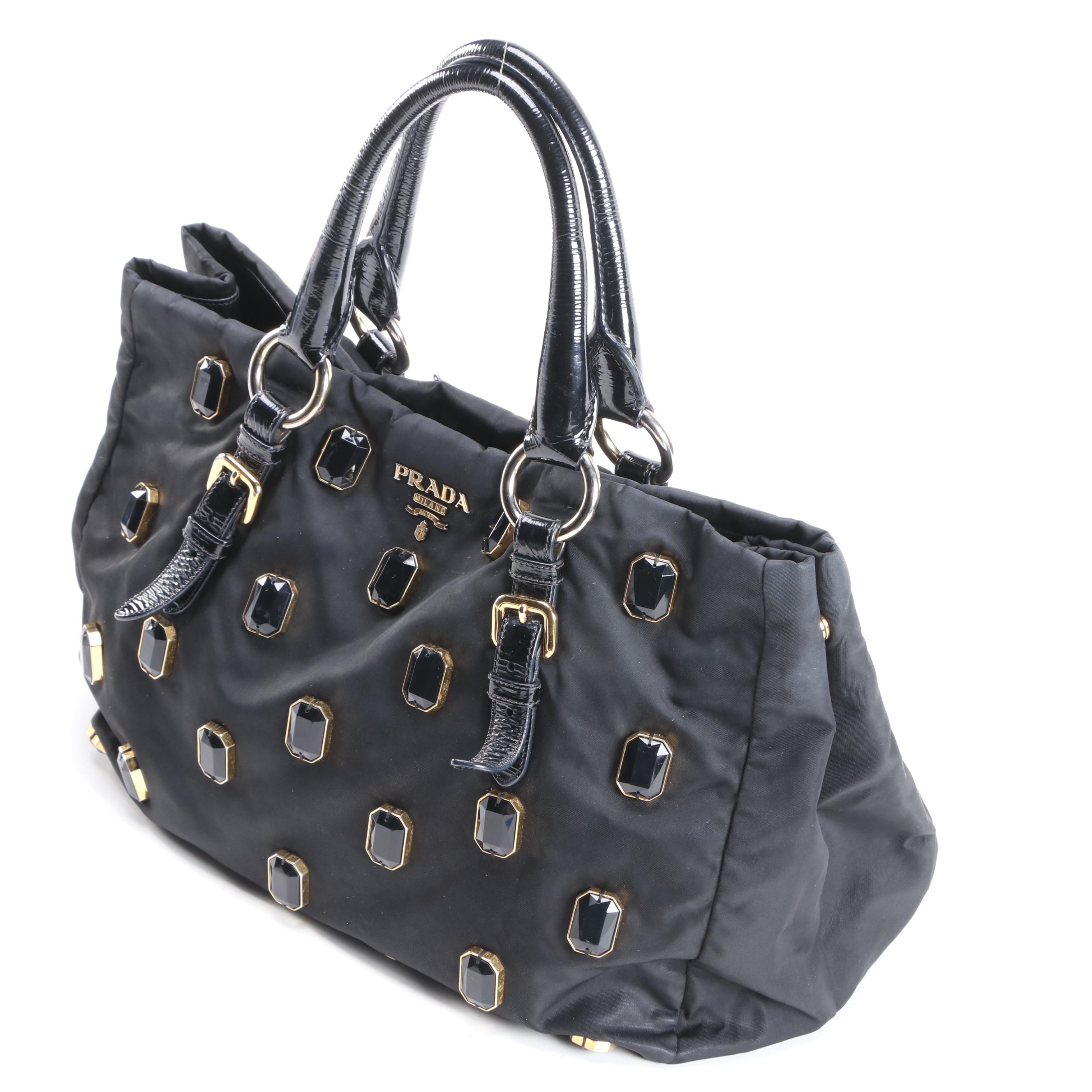 Prada Pietre Tote Bag in Embellished Black Tessuto Nylon and Patent Leather Trim