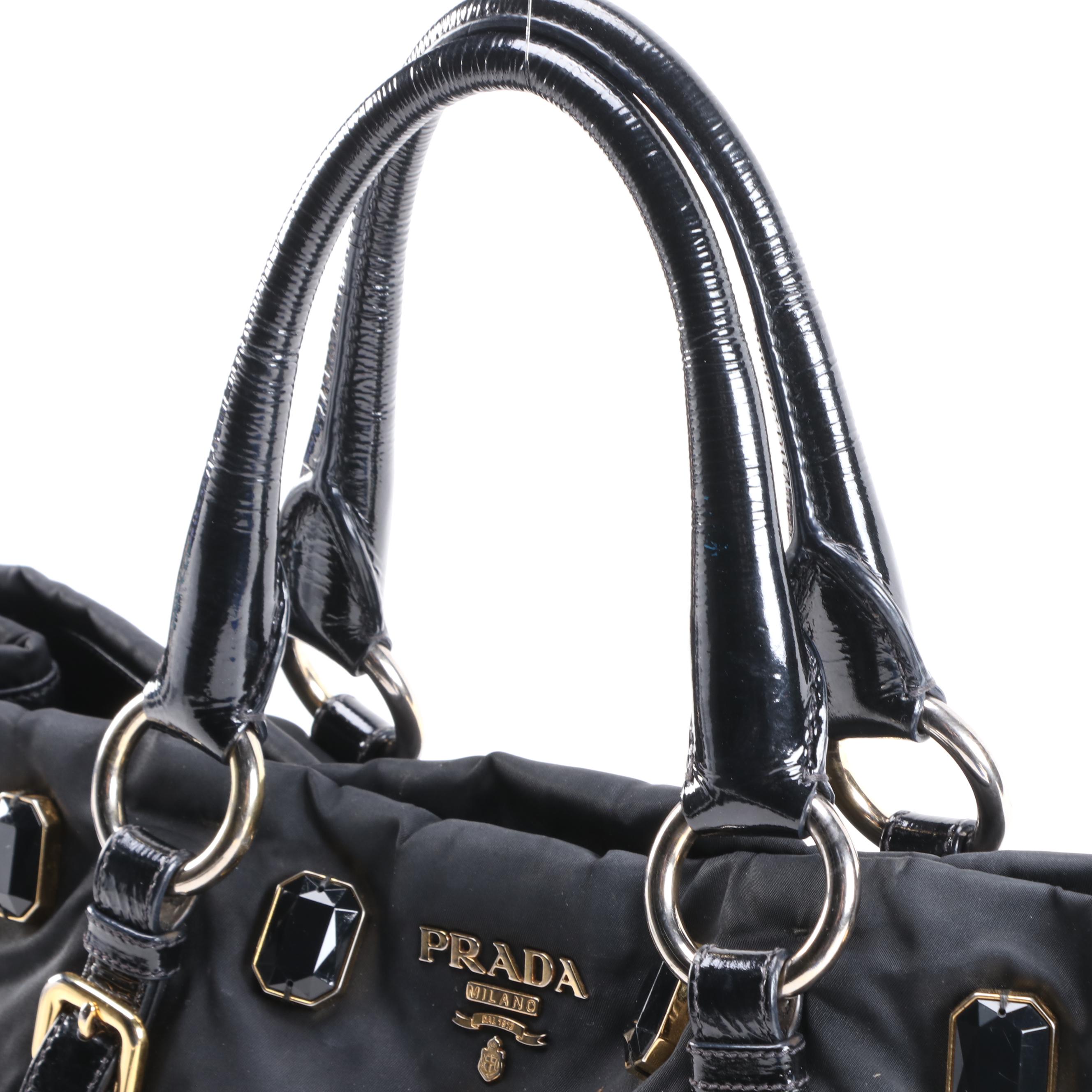 Prada Pietre Tote Bag in Embellished Black Tessuto Nylon and Patent Leather Trim