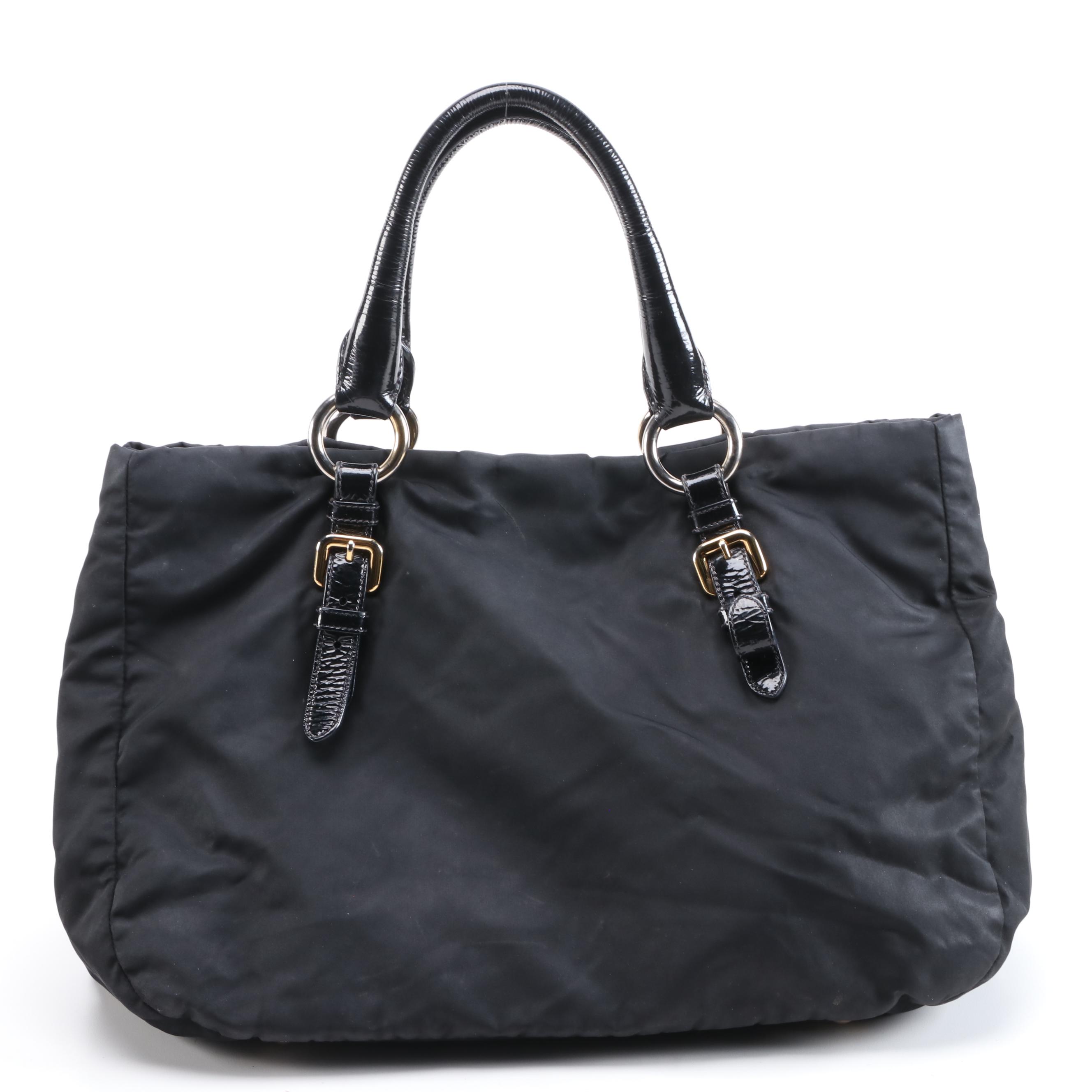 Prada Pietre Tote Bag in Embellished Black Tessuto Nylon and Patent Leather Trim