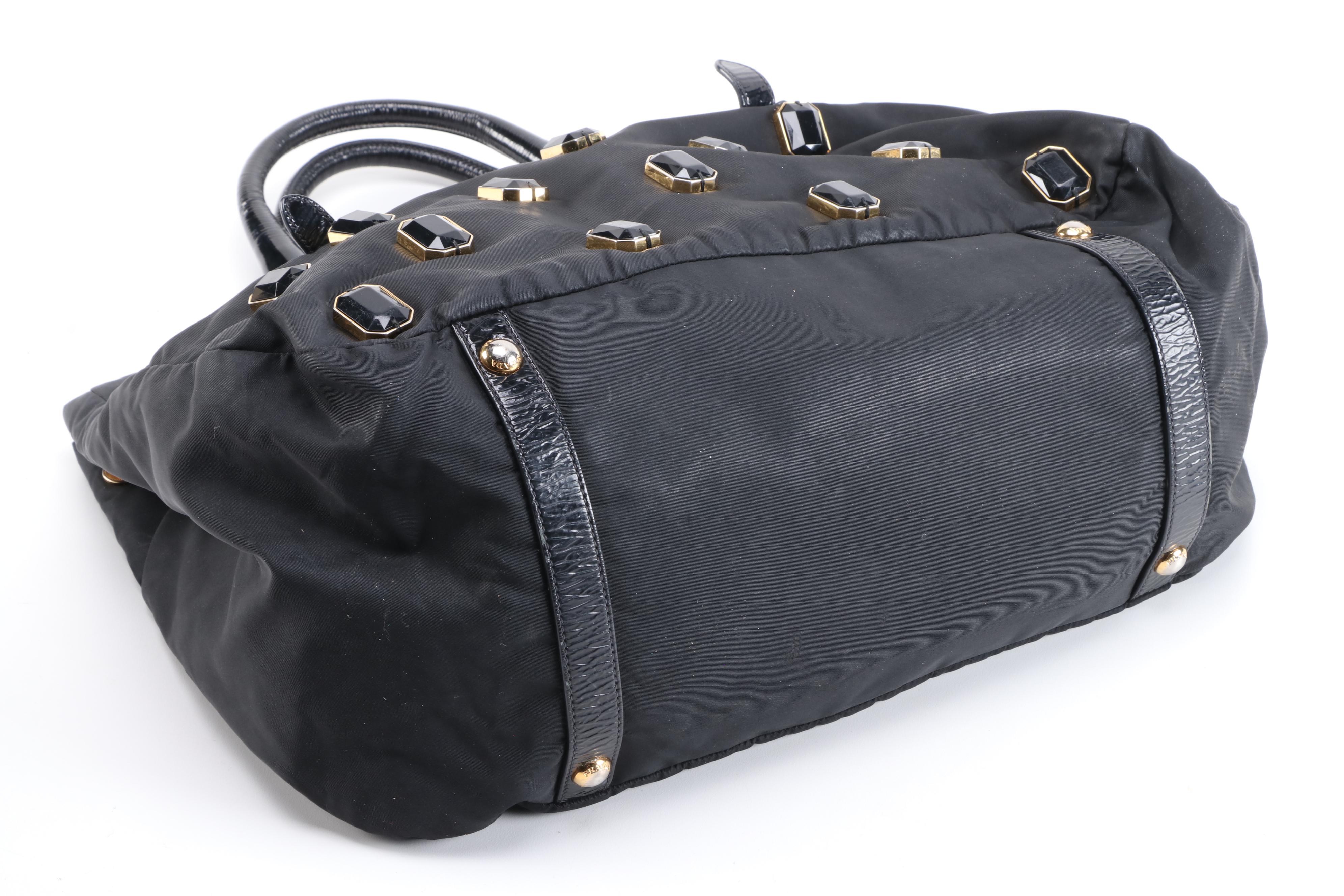 Prada Pietre Tote Bag in Embellished Black Tessuto Nylon and Patent Leather Trim
