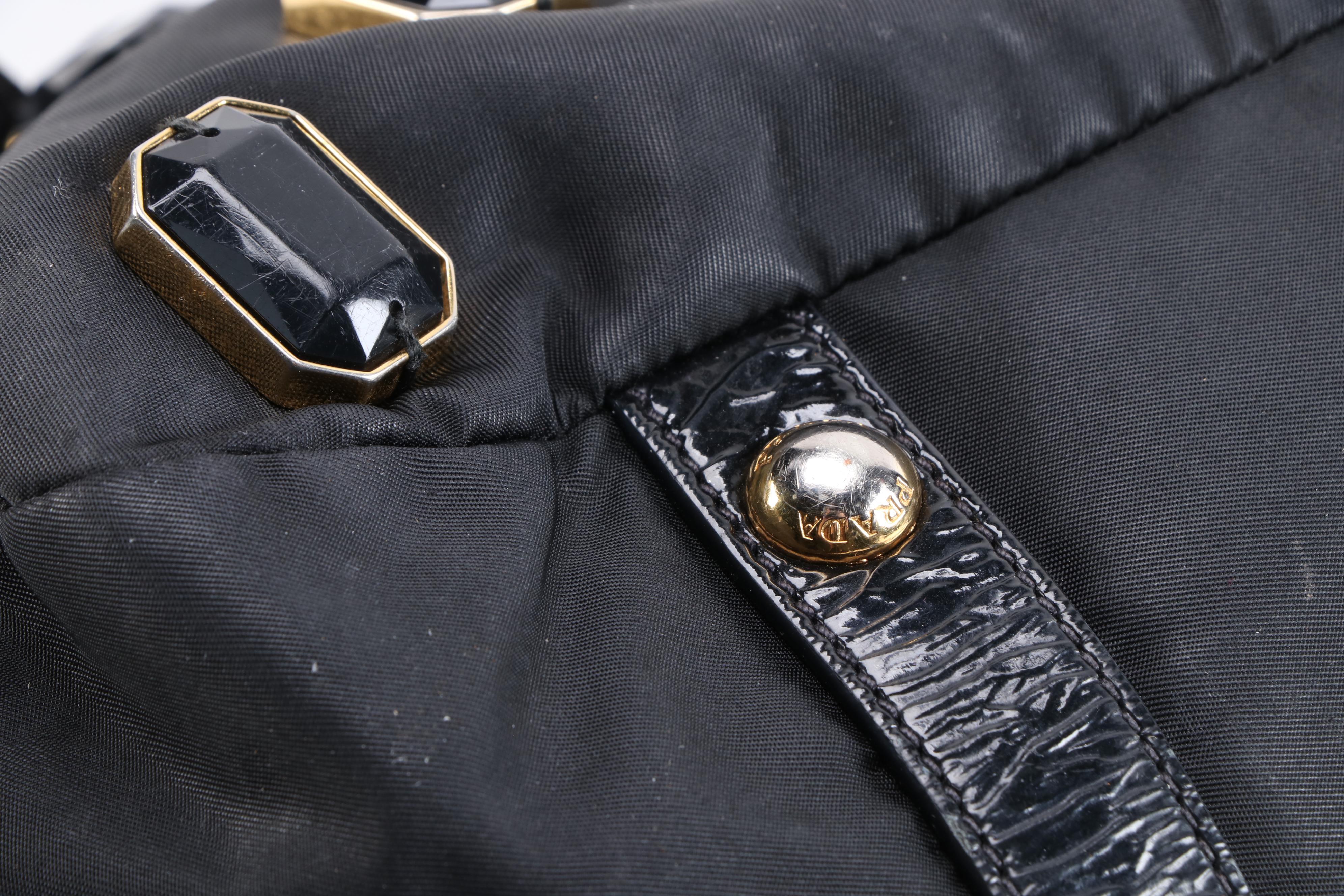 Prada Pietre Tote Bag in Embellished Black Tessuto Nylon and Patent Leather Trim