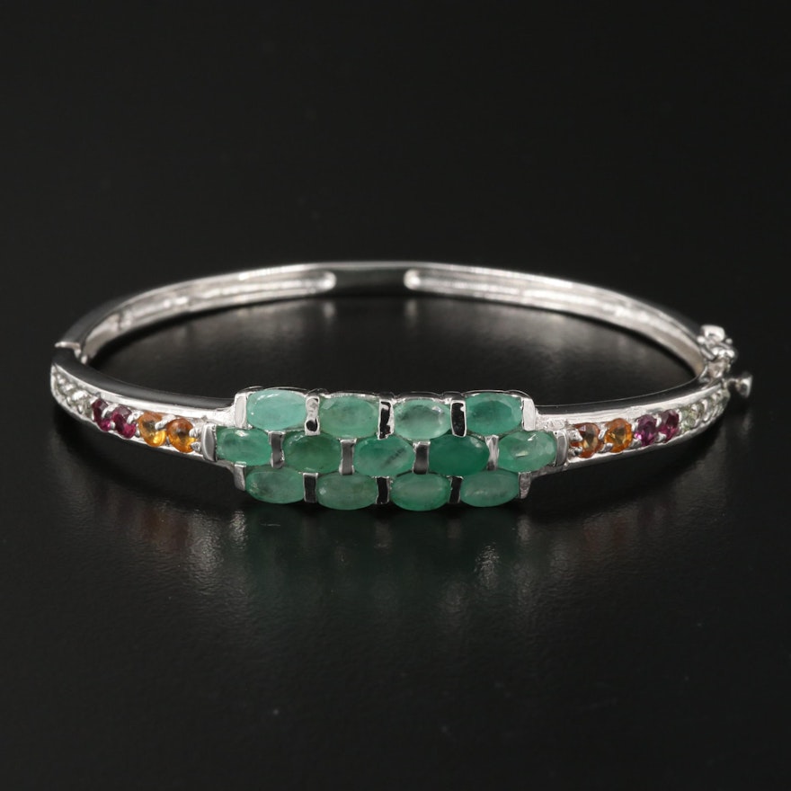 Sterling Emerald, Sapphire and Rhodolite Garnet Hinged Bangle