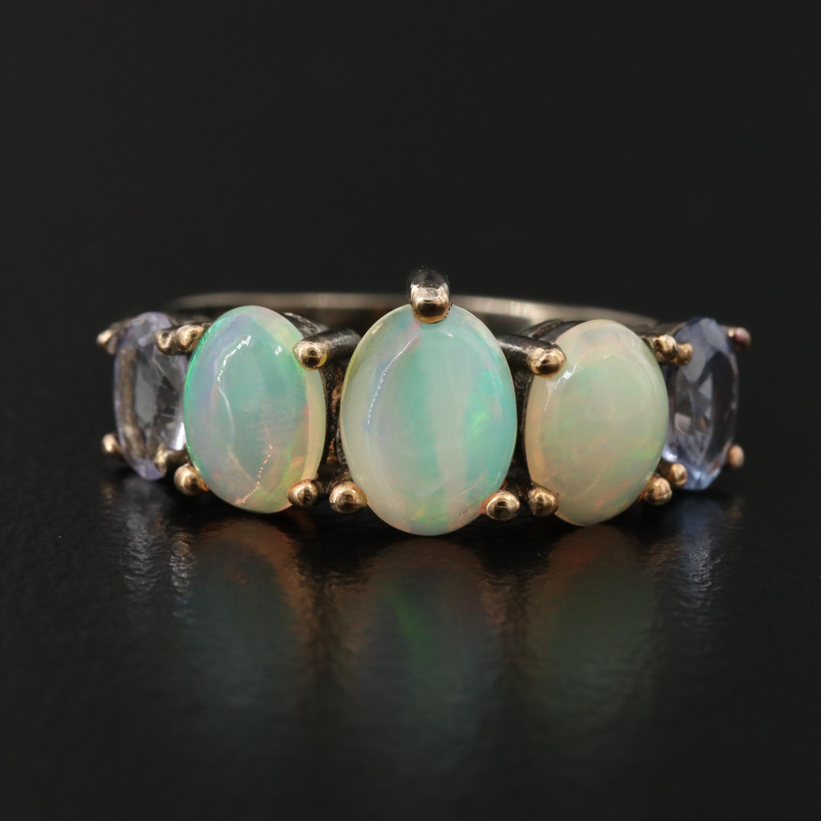 Sterling Silver Opal and Tanzanite Five Stone Ring