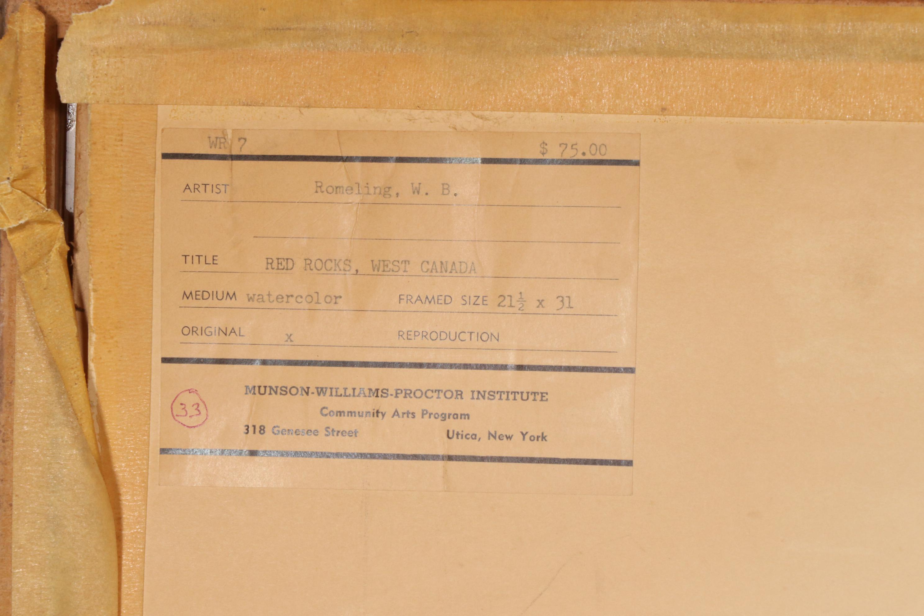 W. B. Romeling Watercolor Painting "Red Rocks, West Canada", 20th Century