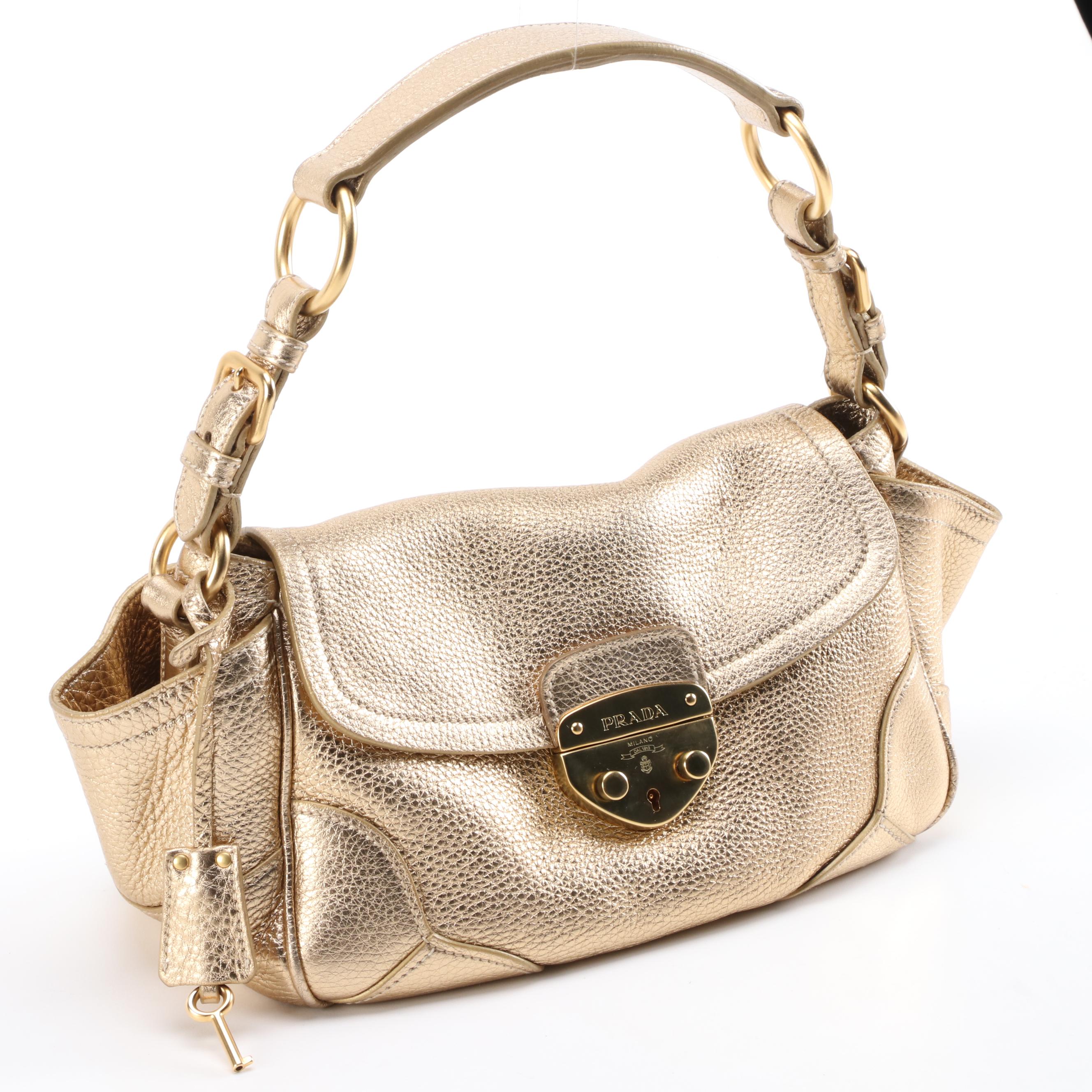 Prada Gold Metallic Vitello Daino Leather Handbag