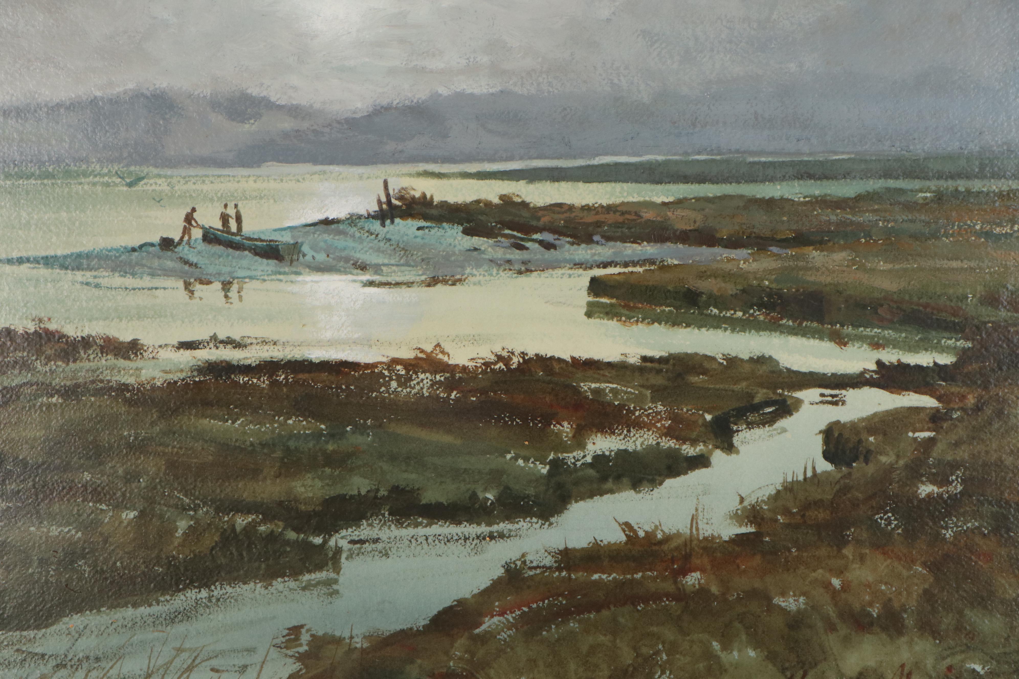 Marc Moon Landscape Watercolor Painting "Misty Marsh"